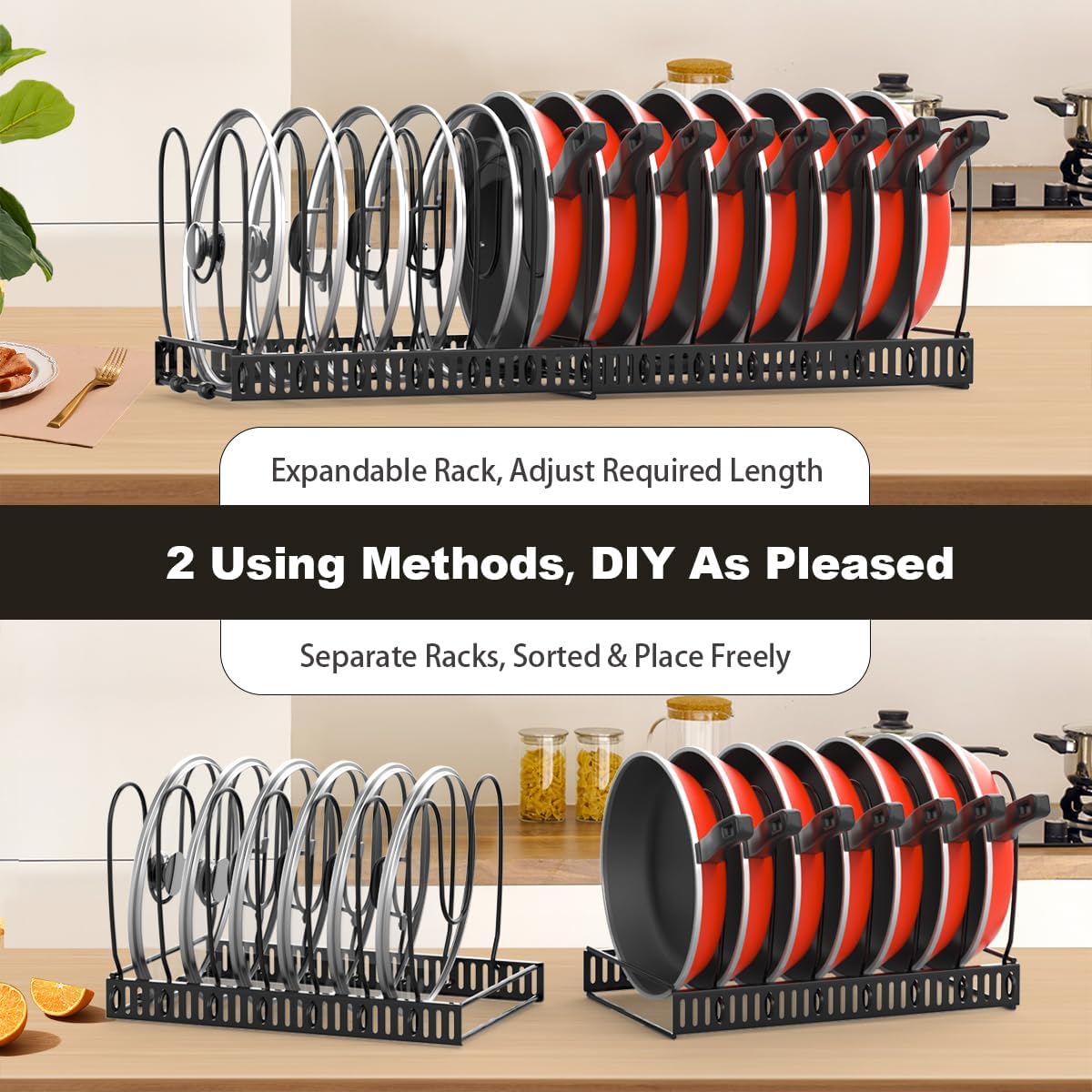 Housolution Pot and Pan Organizer Rack for Cabinet, Expandable Pot Lid Organizer Holder with 14 Adjustable Dividers, Fully Expanded Size 22.83" W x 7.09" D x 7.09" H, Black - Image 4