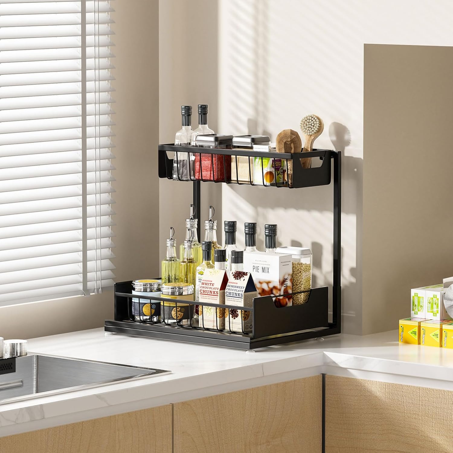 Ceetug Under Kitchen Sink Organizers and Storage Pull Out 2 Tier Metal Bathroom Cabinet Organizer (Black, 2 Pack) - Image 5