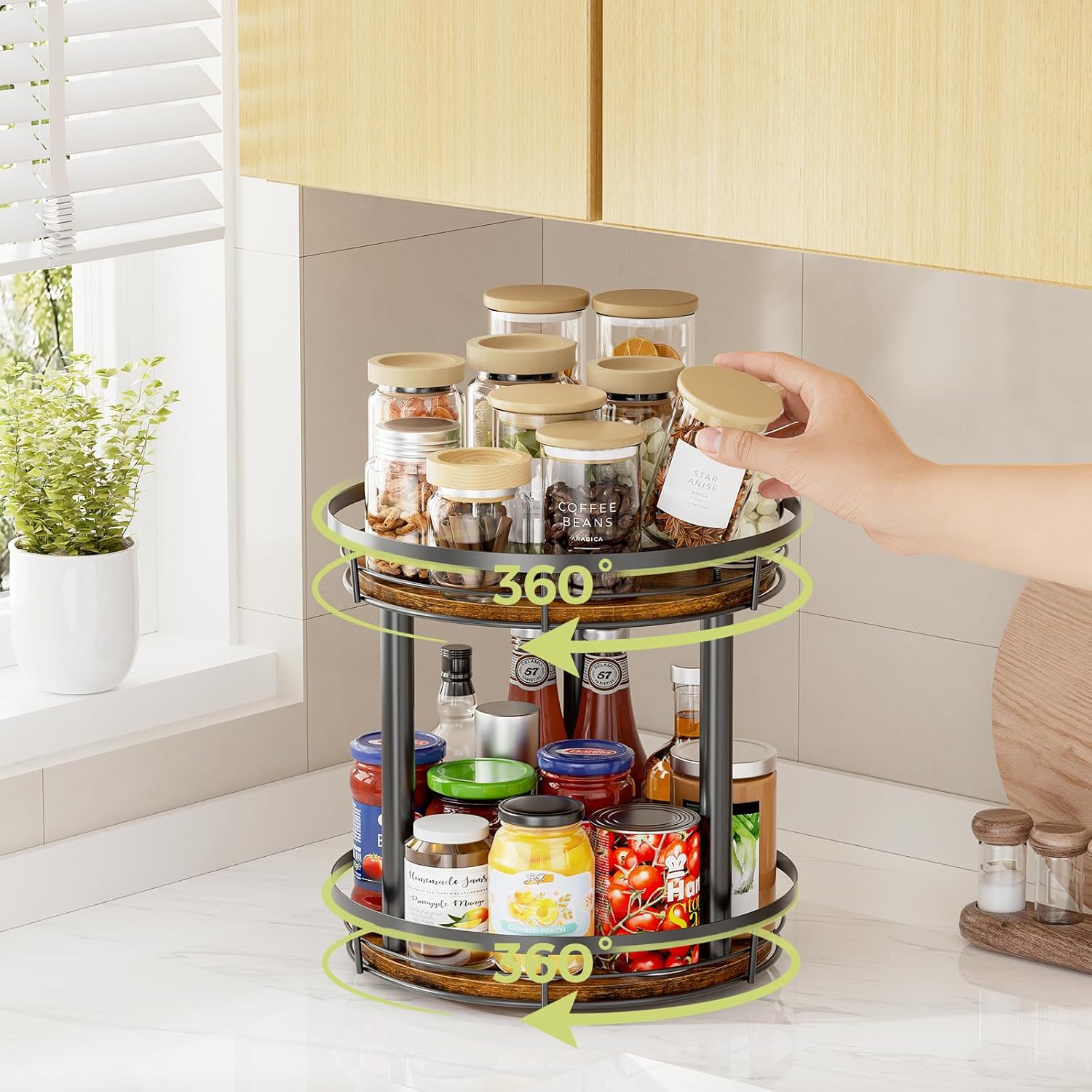 LAMU 10'' Wood Lazy Susan Spice Rack Organizer, 2 Tier Spice Organization for Cabinet, Countertop, Kitchen, Table Top, Pantry, Condiment and Seasoning Rack Organizer - Image 4