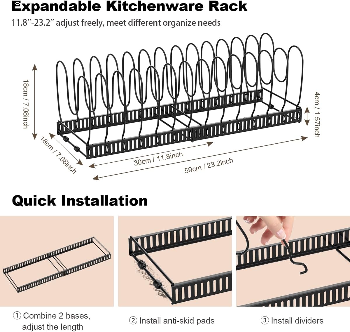 Housolution Pot and Pan Organizer Rack for Cabinet, Expandable Pot Lid Organizer Holder with 14 Adjustable Dividers, Fully Expanded Size 22.83" W x 7.09" D x 7.09" H, Black - Image 5