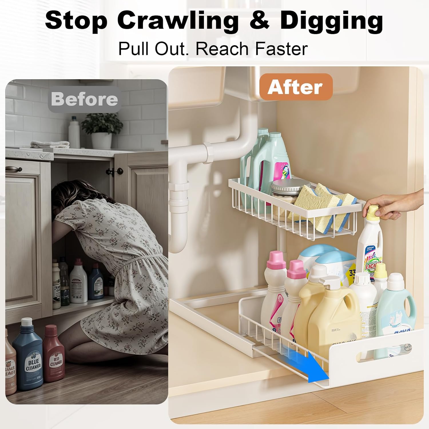 REALINN Under Sink Organizer, Pull Out Cabinet Organizer 2 Tier Slide Out Sink Shelf Cabinet Storage Shelves, Under Sink Storage for Kitchen Bathroom Cabinet, White, 1 Pack - Image 4