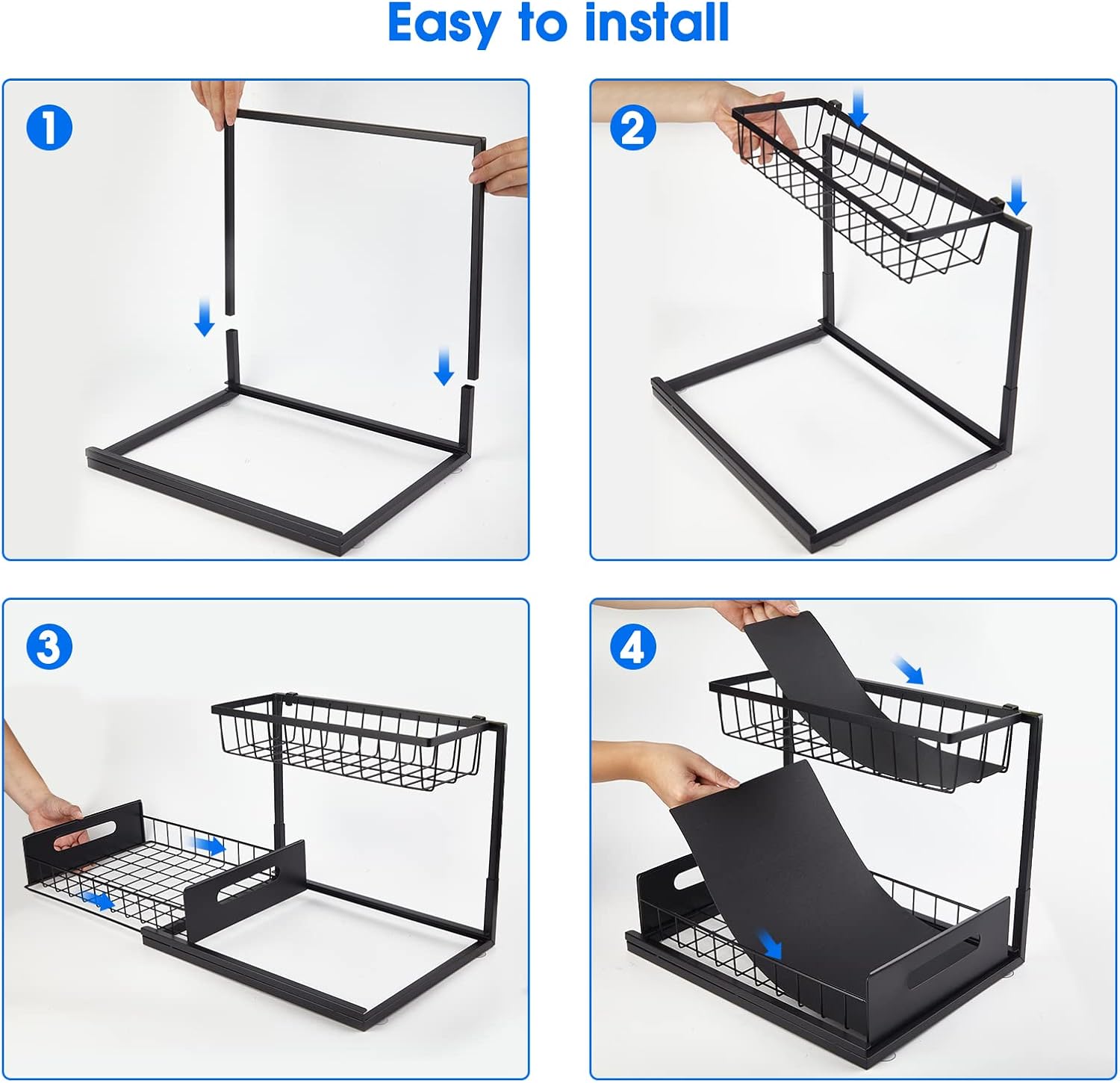 Under Sink Organizer, 2 Tier Pull-Out Cabinet Storage Shelf, Rust-Resistant Metal Organizer for Kitchen Bathroom Laundry Room, No Tools Installation, 1 Pack Black - Image 6
