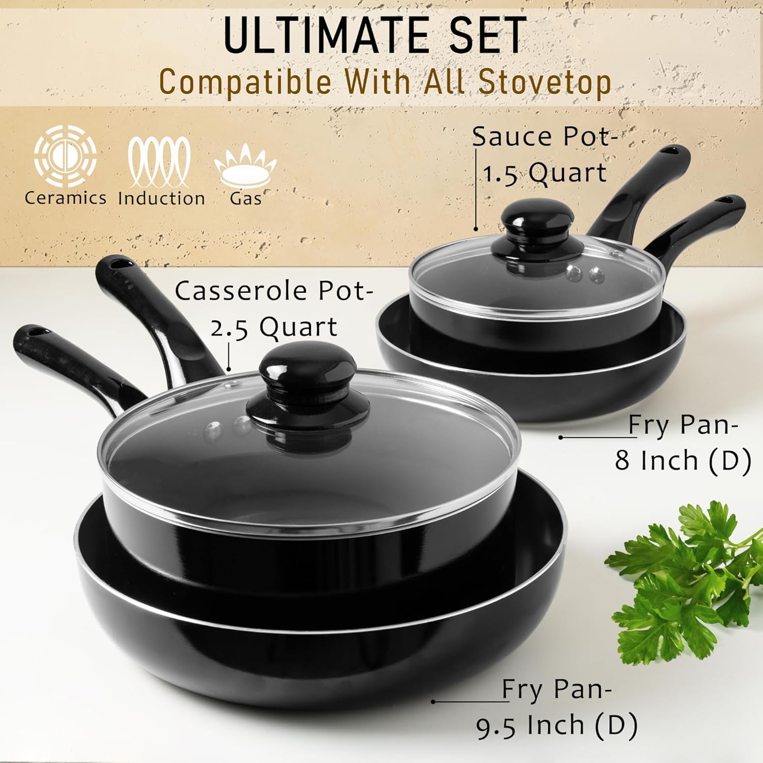 Moss & Stone 6 Pcs Black Nonstick Cookware Set, Pots And Pans Set Non stick With Glass Lid, Induction Cookware, Stay-Cool Handle PTFE/PFOA Kitchen Pots 6-Piece with Frying Pans & Saucepan - Image 2