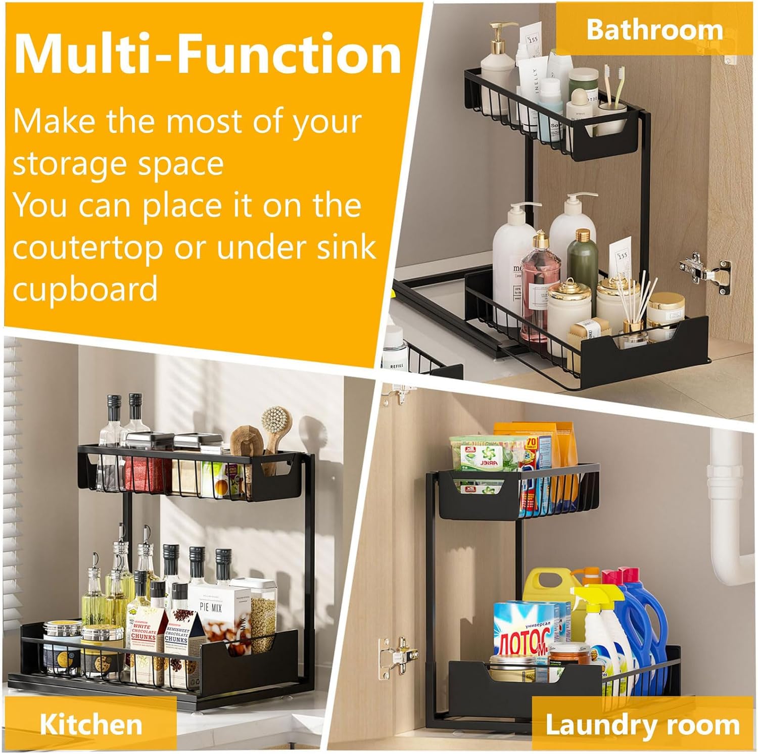 Ceetug Under Kitchen Sink Organizers and Storage Pull Out 2 Tier Metal Bathroom Cabinet Organizer (Black, 2 Pack) - Image 7