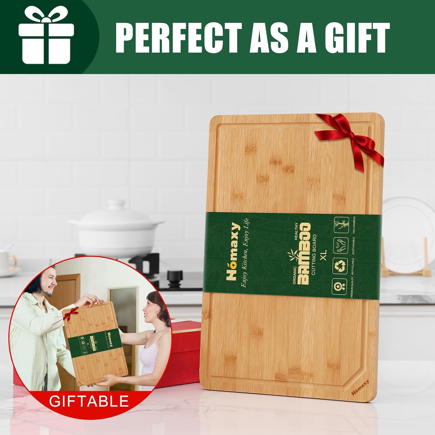 Homaxy Extra Large Organic Bamboo Cutting Boards for Kitchen, 18"x12" Wooden XL Cutting Board with Juice Groove and Handles, Charcuterie Butcher Block Wood Serving & Chopping Board - Pre Oiled - Image 8