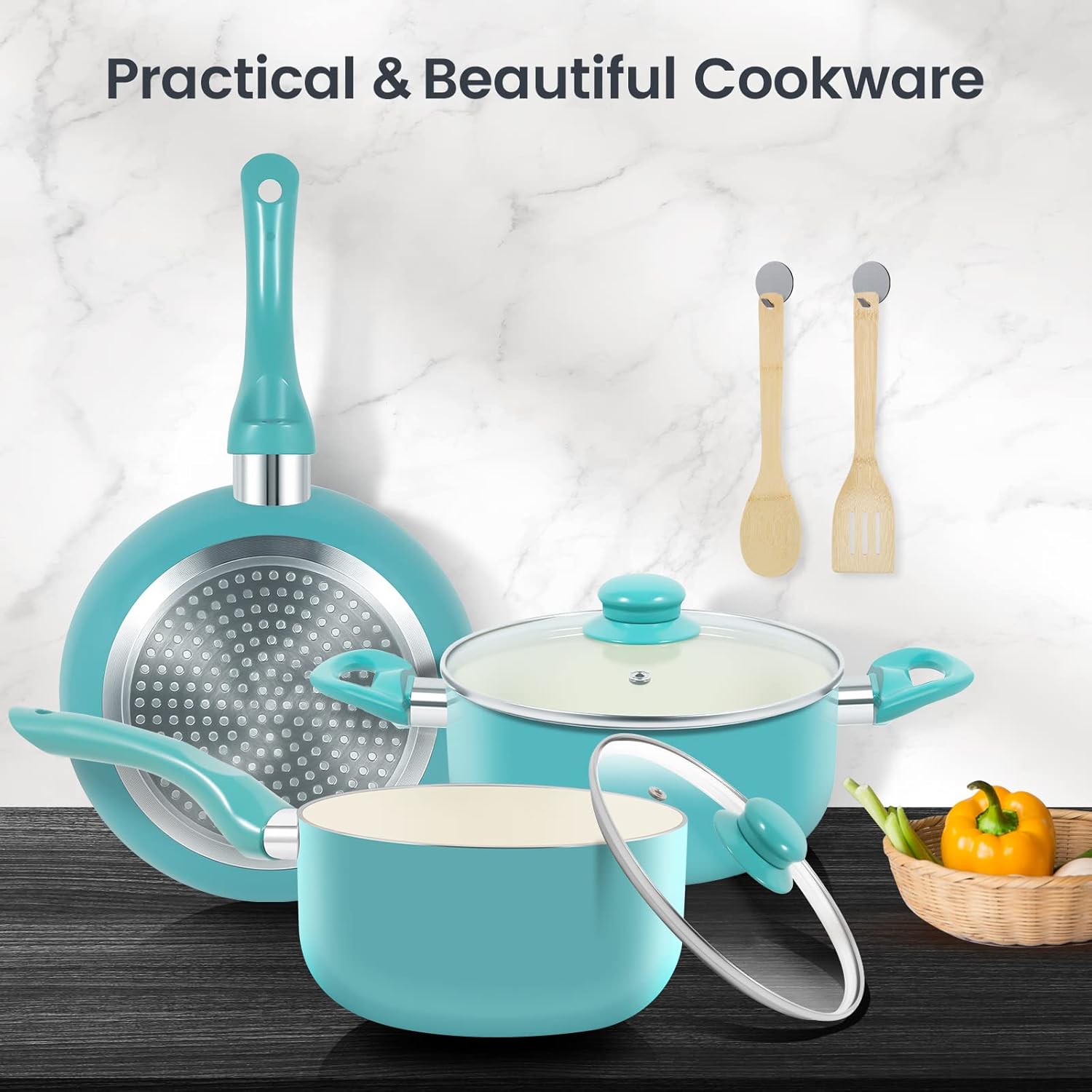 M MELENTA Pots and Pans Set, 7 Piece Nonstick Ceramic Cookware Set, Kitchen Induction Cookware Sets, Pots and Pans Non Stick with Stay Cool Handle, 100% PFOA Free, Turquoise - Image 6