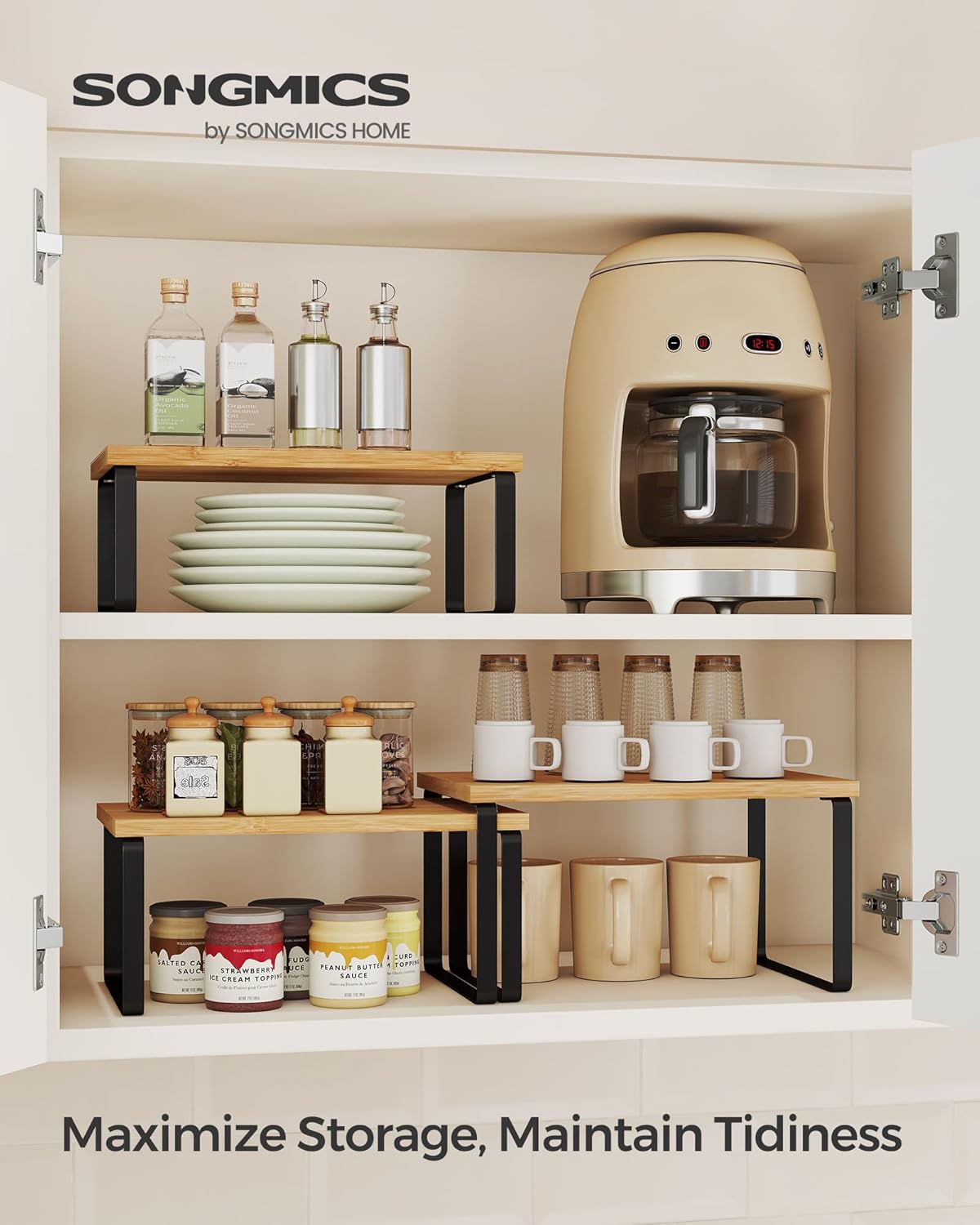 SONGMICS Cabinet Organizer Shelf, Set of 3 Kitchen Counter Shelves, Kitchen Storage, Spice Rack, Stackable, Expandable, Ink Black and Natural Beige UKCS014YL03 - Image 2