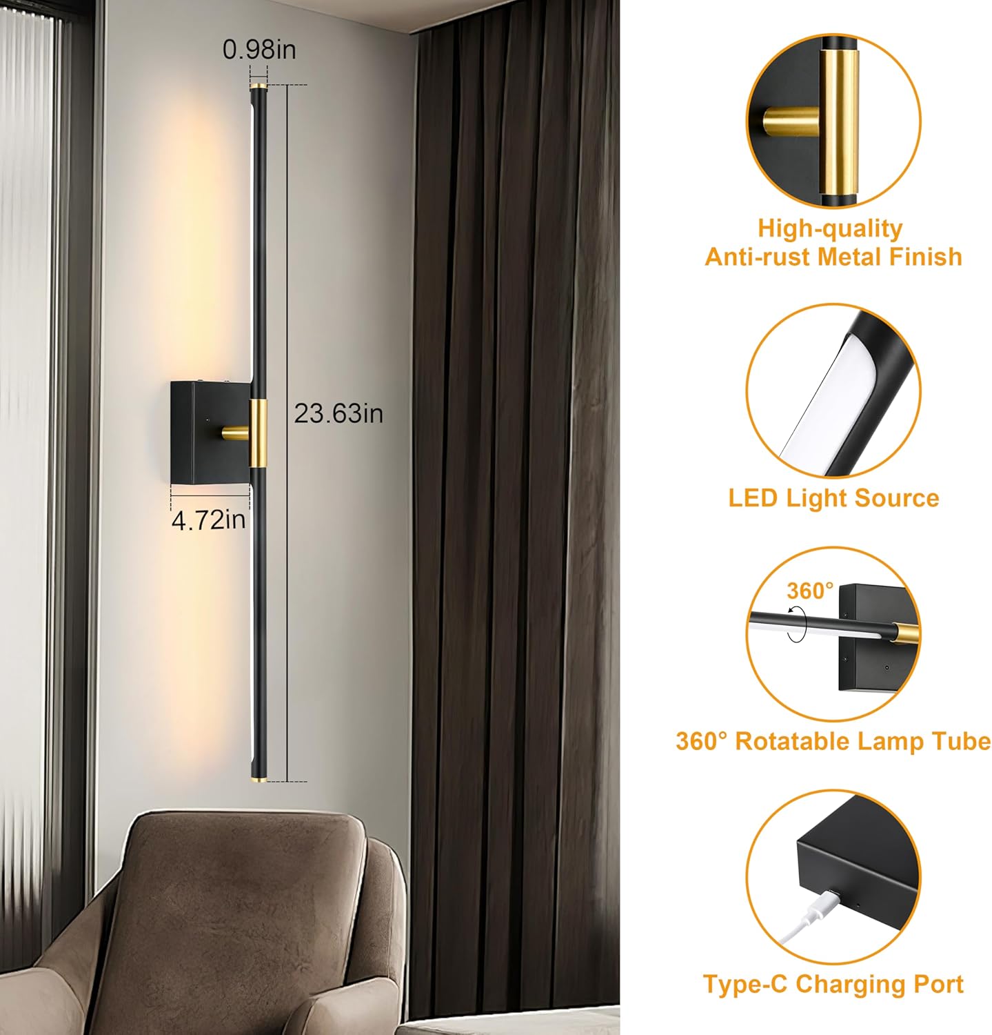 Morauroral Battery Operated Wall Sconces Set of 2, Dimmable 3 Color Battery Wall Sconce with Remote, Black Gold LED Rechargeable Sconces, 24 Inch Modern Wireless Wall Lights for Bedroom, Living Room - Image 6