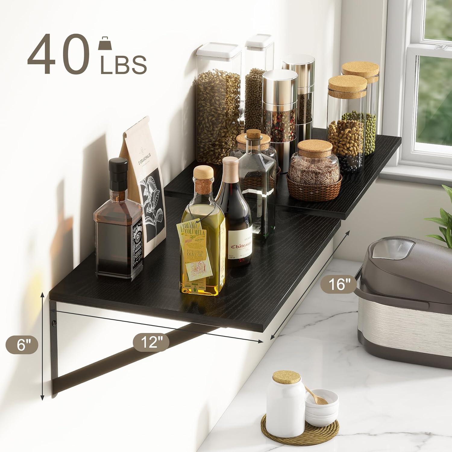 Fun Memories Deep Floating Shelves for Wall, 12 Inch Deep Black Floating Shelves Set of 2, 16" W x 12" D Wall Shelf, Wide Display Ledges Shelves for Bedroom, Bathroom, 12 Deep Bookshelf Wall Mounted - Image 3