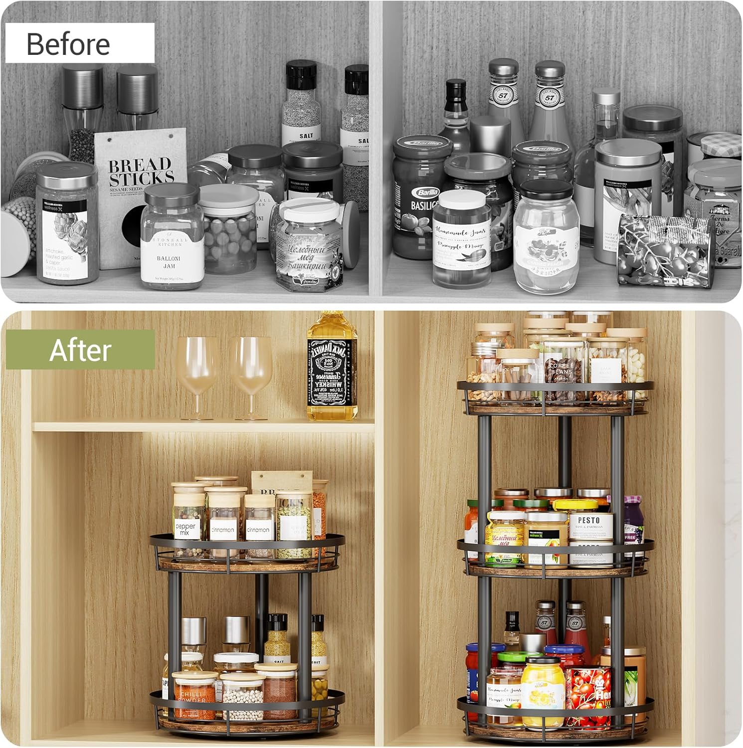 LAMU 10'' Wood Lazy Susan Spice Rack Organizer, 2 Tier Spice Organization for Cabinet, Countertop, Kitchen, Table Top, Pantry, Condiment and Seasoning Rack Organizer - Image 6
