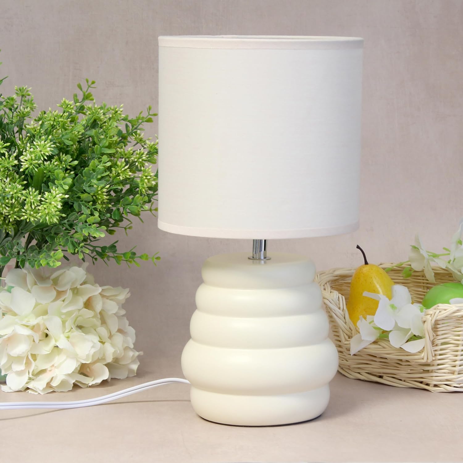 Simple Designs LT1168-CRM 12.68" Chic Glow Mini Stacked Ceramic Table Lamp, Monochromatic Fabric Shade, Small Accent Light, for Bedroom, Office, Living Room, Minimalist Decor, Cream - Image 4