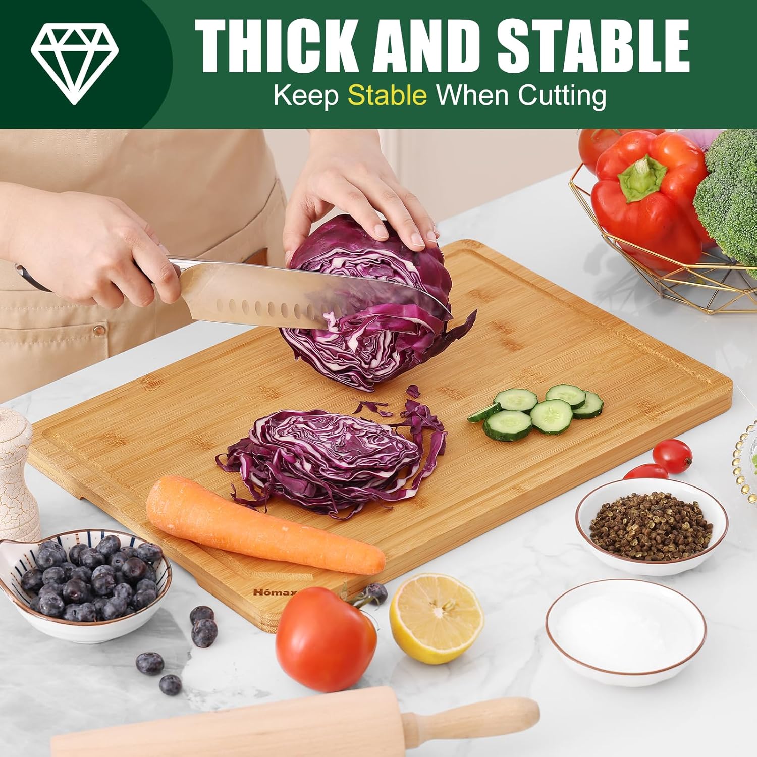 Homaxy Extra Large Organic Bamboo Cutting Boards for Kitchen, 18"x12" Wooden XL Cutting Board with Juice Groove and Handles, Charcuterie Butcher Block Wood Serving & Chopping Board - Pre Oiled - Image 4