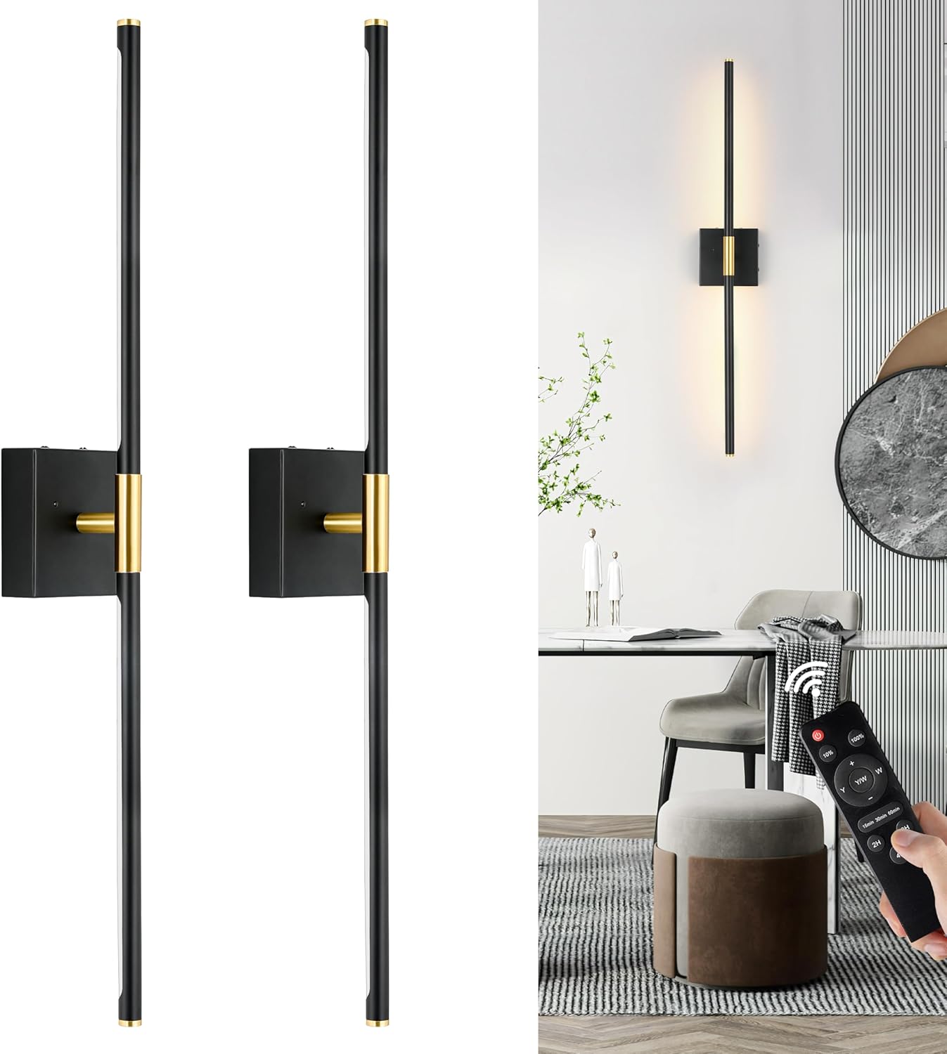 Morauroral Battery Operated Wall Sconces Set of 2, Dimmable 3 Color Battery Wall Sconce with Remote, Black Gold LED Rechargeable Sconces, 24 Inch Modern Wireless Wall Lights for Bedroom, Living Room
