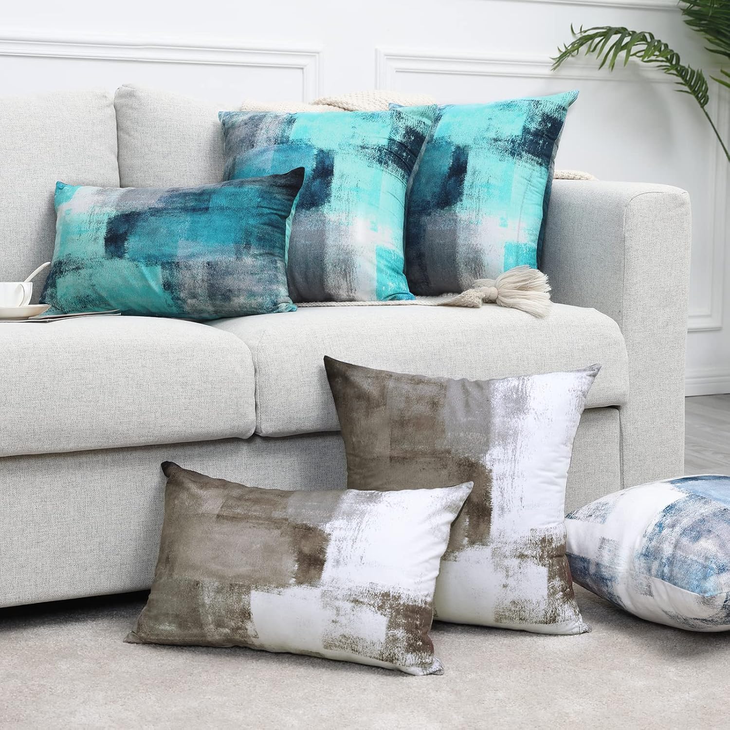 Set of 2 Turquoise and Grey Art Artwork Contemporary Decorative Gray Home Decorative Throw Pillow Covers Cushion Covers for Bedroom Sofa Living Room 18X18 Inches - Image 4