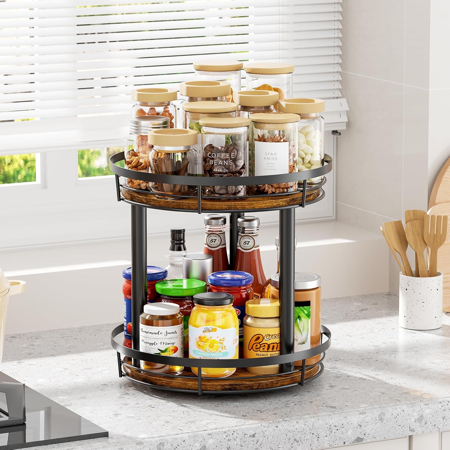 LAMU 10'' Wood Lazy Susan Spice Rack Organizer, 2 Tier Spice Organization for Cabinet, Countertop, Kitchen, Table Top, Pantry, Condiment and Seasoning Rack Organizer - Image 3
