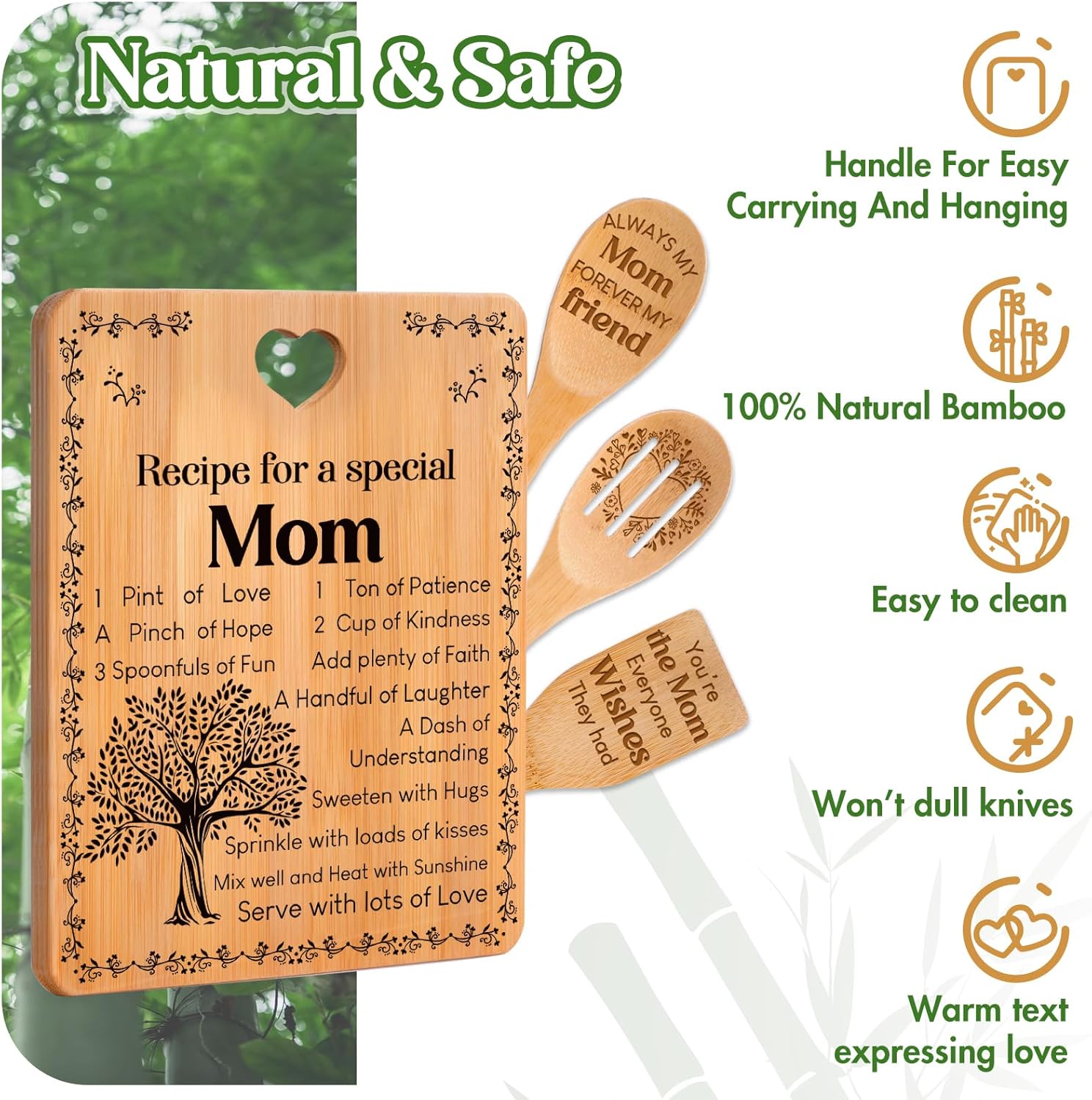 Gifts for Mom - "Recipe for a Special Mom" Mom Birthday Gifts Cutting Board Set, Bamboo-Made Engraved Utensil Set, Birthday Gifts for Mom from Daughter/Son, Mothers Day Gifts - Image 5