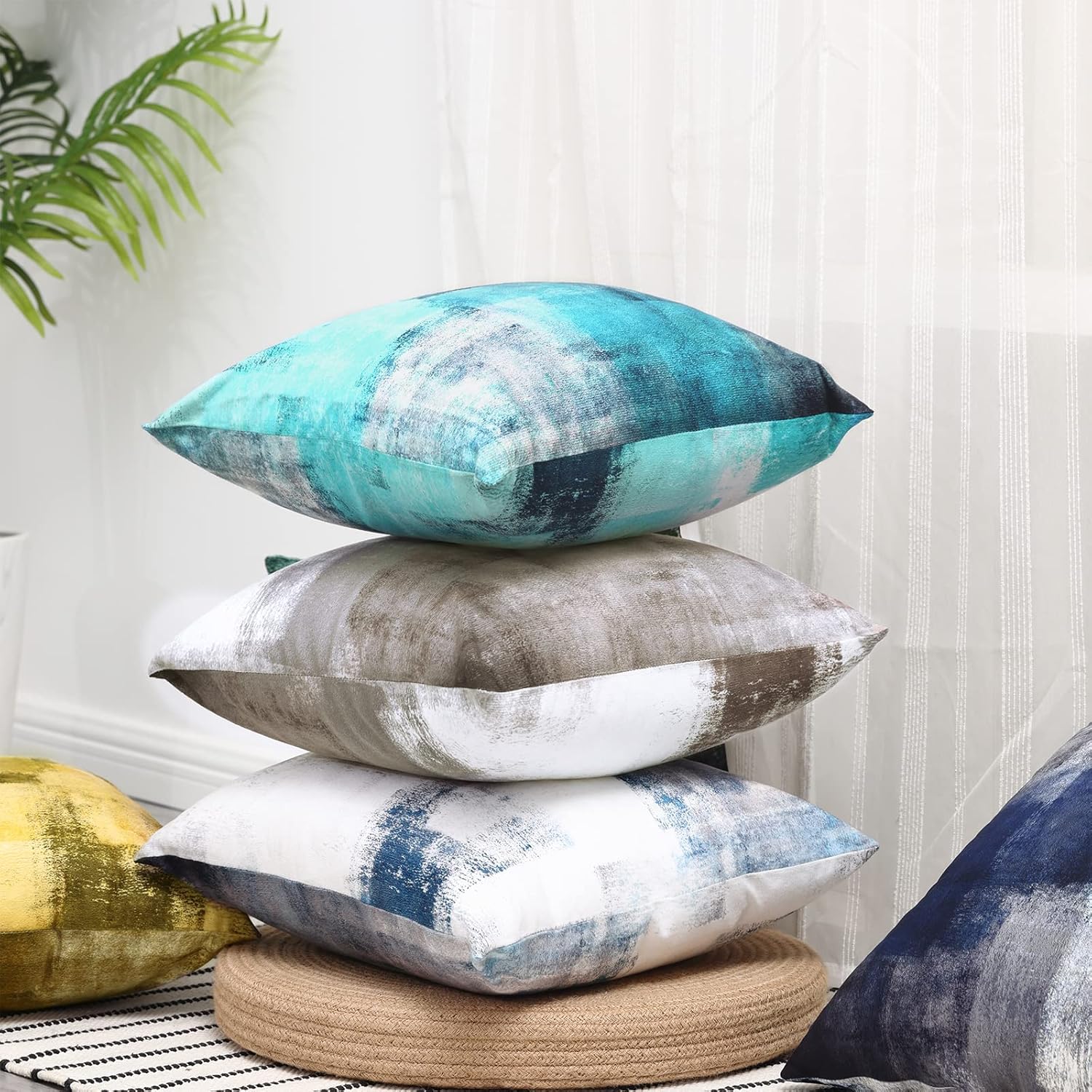 Set of 2 Turquoise and Grey Art Artwork Contemporary Decorative Gray Home Decorative Throw Pillow Covers Cushion Covers for Bedroom Sofa Living Room 18X18 Inches - Image 5