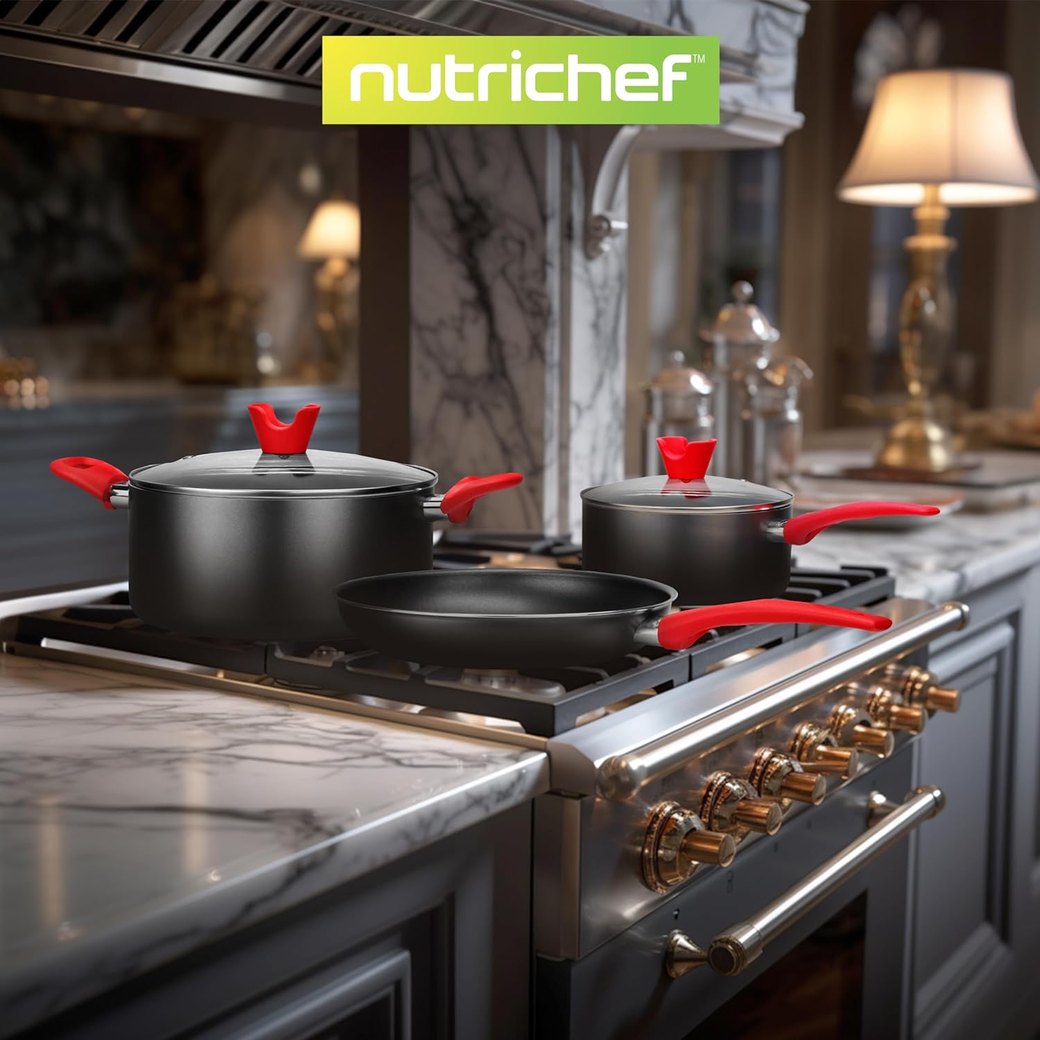 NutriChef 21-Piece Nonstick Cookware Set - PTFE/PFOA/PFOS Free Heat Resistant Lacquer Kitchen Ware Pots Pan w/ Cool-Touch Handles, Saucepan, Fry Pans, Lid, Bakeware, For Gas Electric Ceramic Cooktops - Image 6