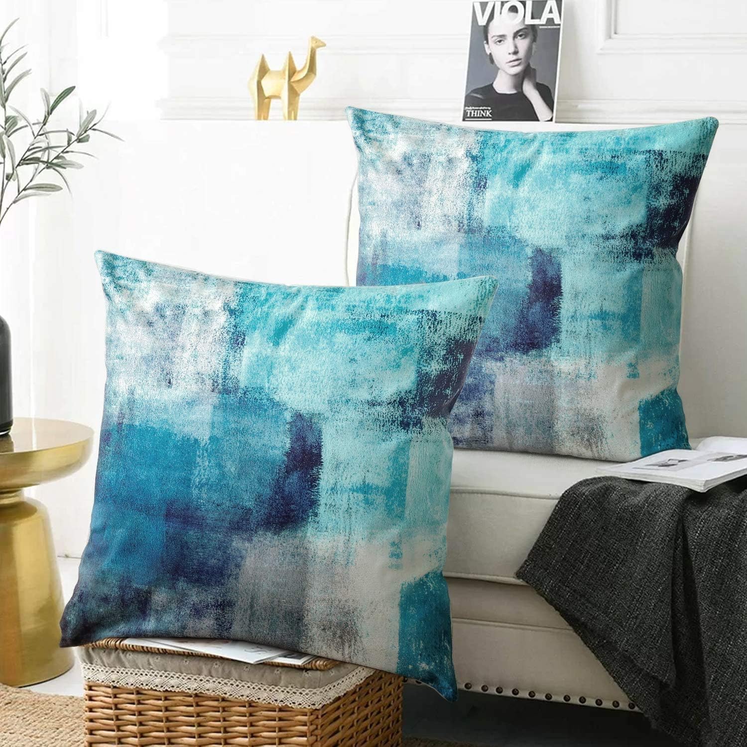 Set of 2 Turquoise and Grey Art Artwork Contemporary Decorative Gray Home Decorative Throw Pillow Covers Cushion Covers for Bedroom Sofa Living Room 18X18 Inches - Image 6
