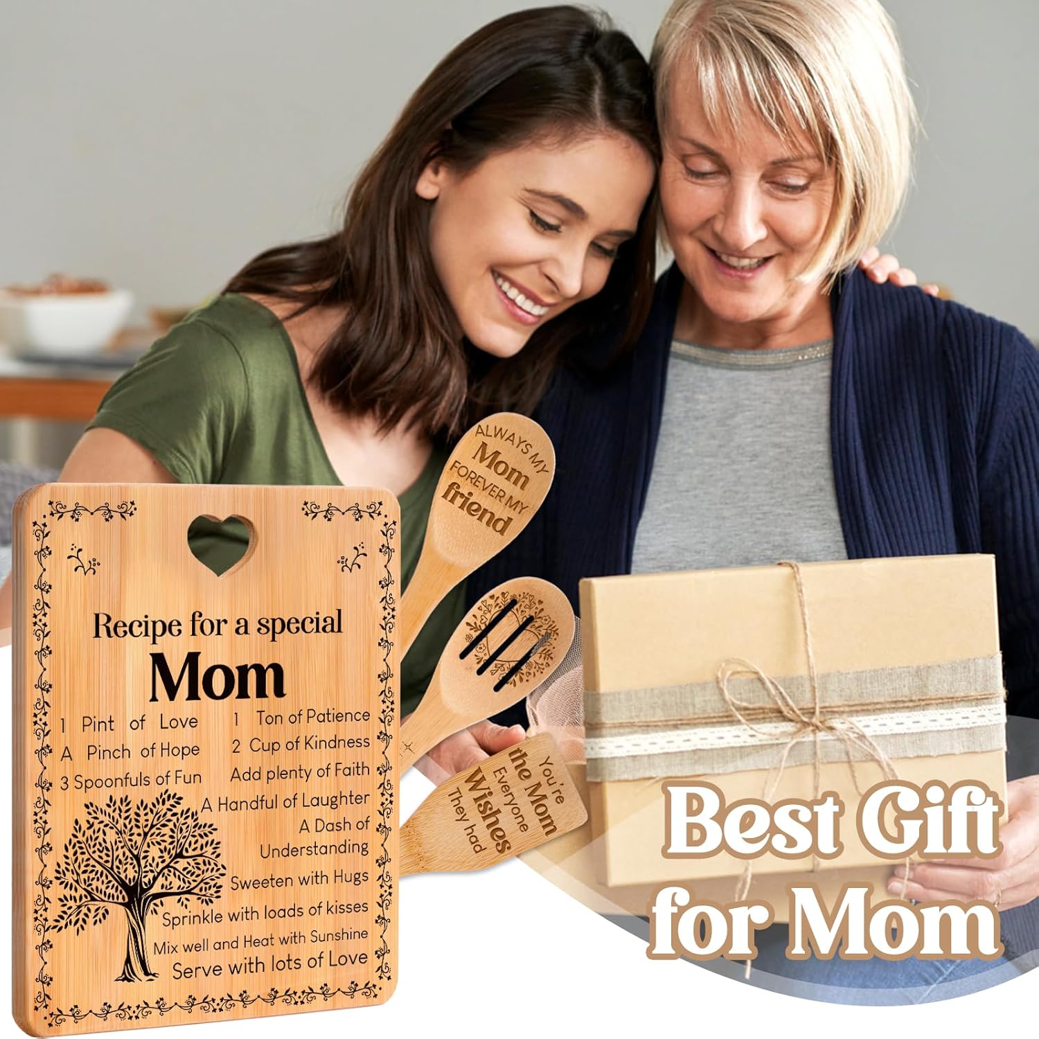 Gifts for Mom - "Recipe for a Special Mom" Mom Birthday Gifts Cutting Board Set, Bamboo-Made Engraved Utensil Set, Birthday Gifts for Mom from Daughter/Son, Mothers Day Gifts - Image 3