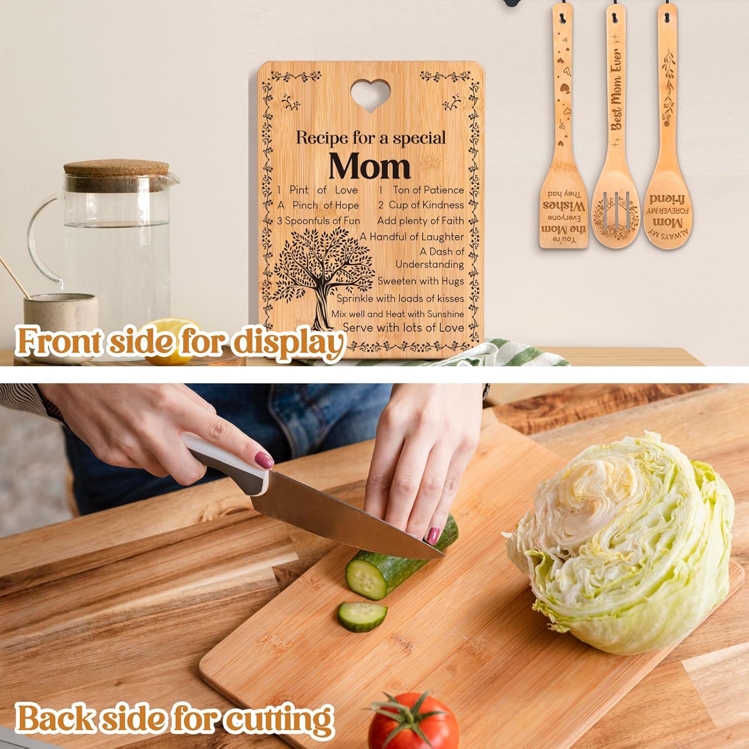 Gifts for Mom - "Recipe for a Special Mom" Mom Birthday Gifts Cutting Board Set, Bamboo-Made Engraved Utensil Set, Birthday Gifts for Mom from Daughter/Son, Mothers Day Gifts - Image 4
