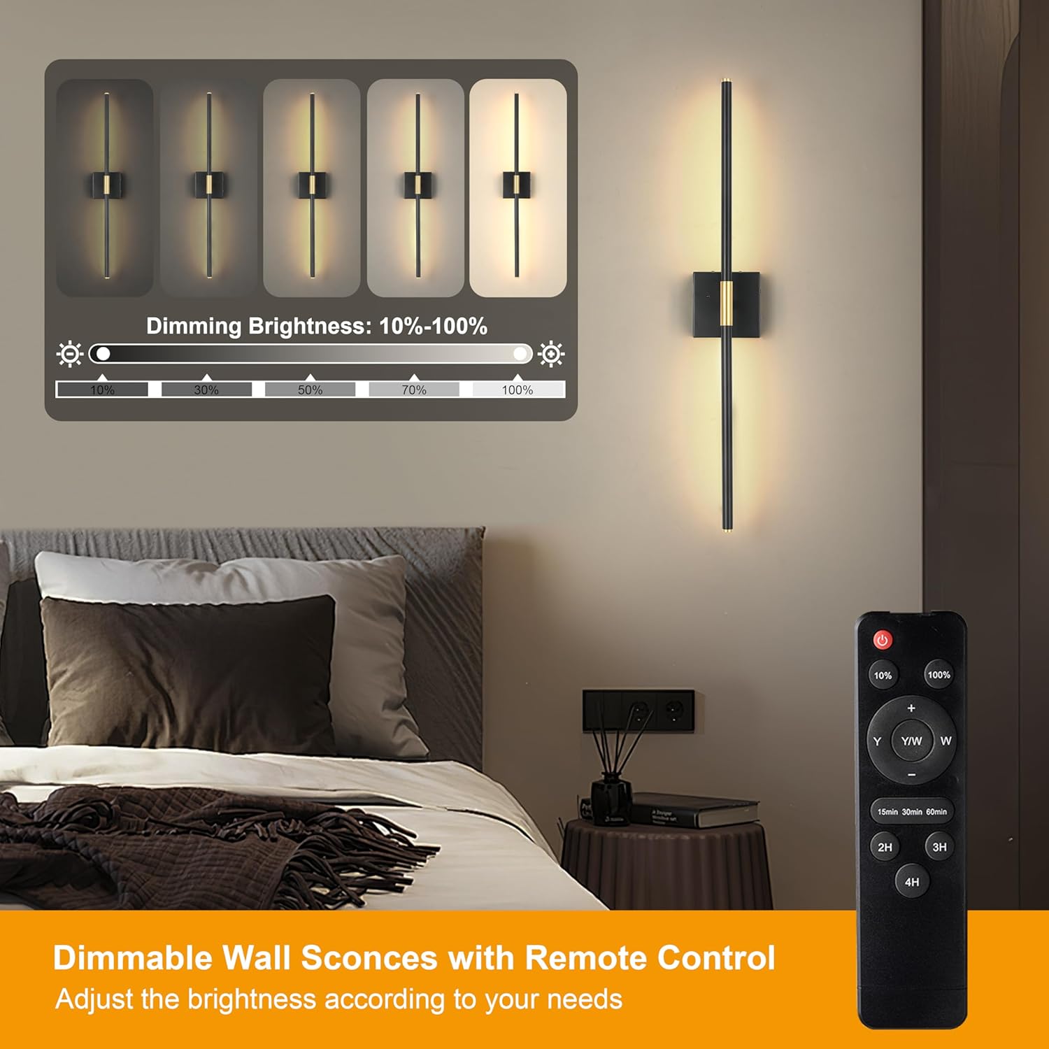 Morauroral Battery Operated Wall Sconces Set of 2, Dimmable 3 Color Battery Wall Sconce with Remote, Black Gold LED Rechargeable Sconces, 24 Inch Modern Wireless Wall Lights for Bedroom, Living Room - Image 2