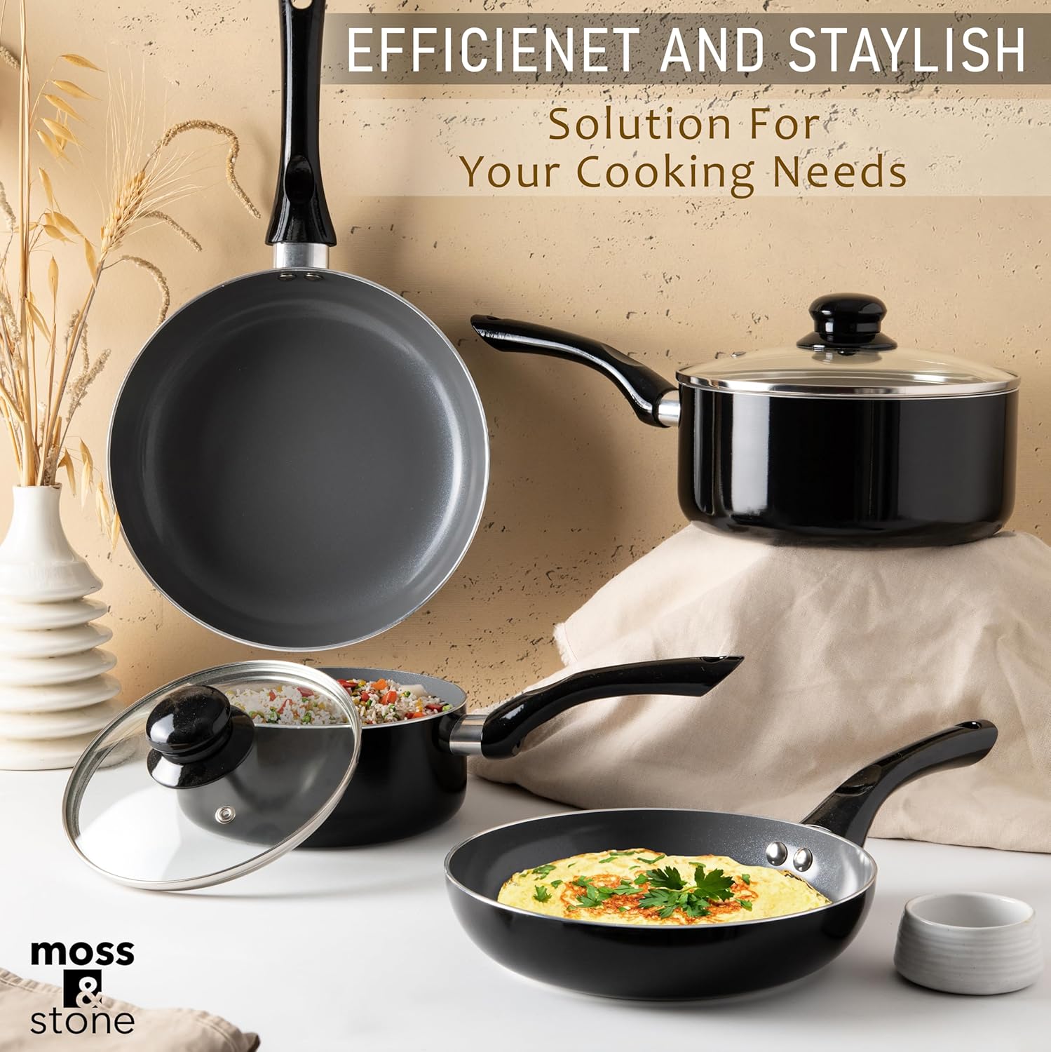 Moss & Stone 6 Pcs Black Nonstick Cookware Set, Pots And Pans Set Non stick With Glass Lid, Induction Cookware, Stay-Cool Handle PTFE/PFOA Kitchen Pots 6-Piece with Frying Pans & Saucepan - Image 6