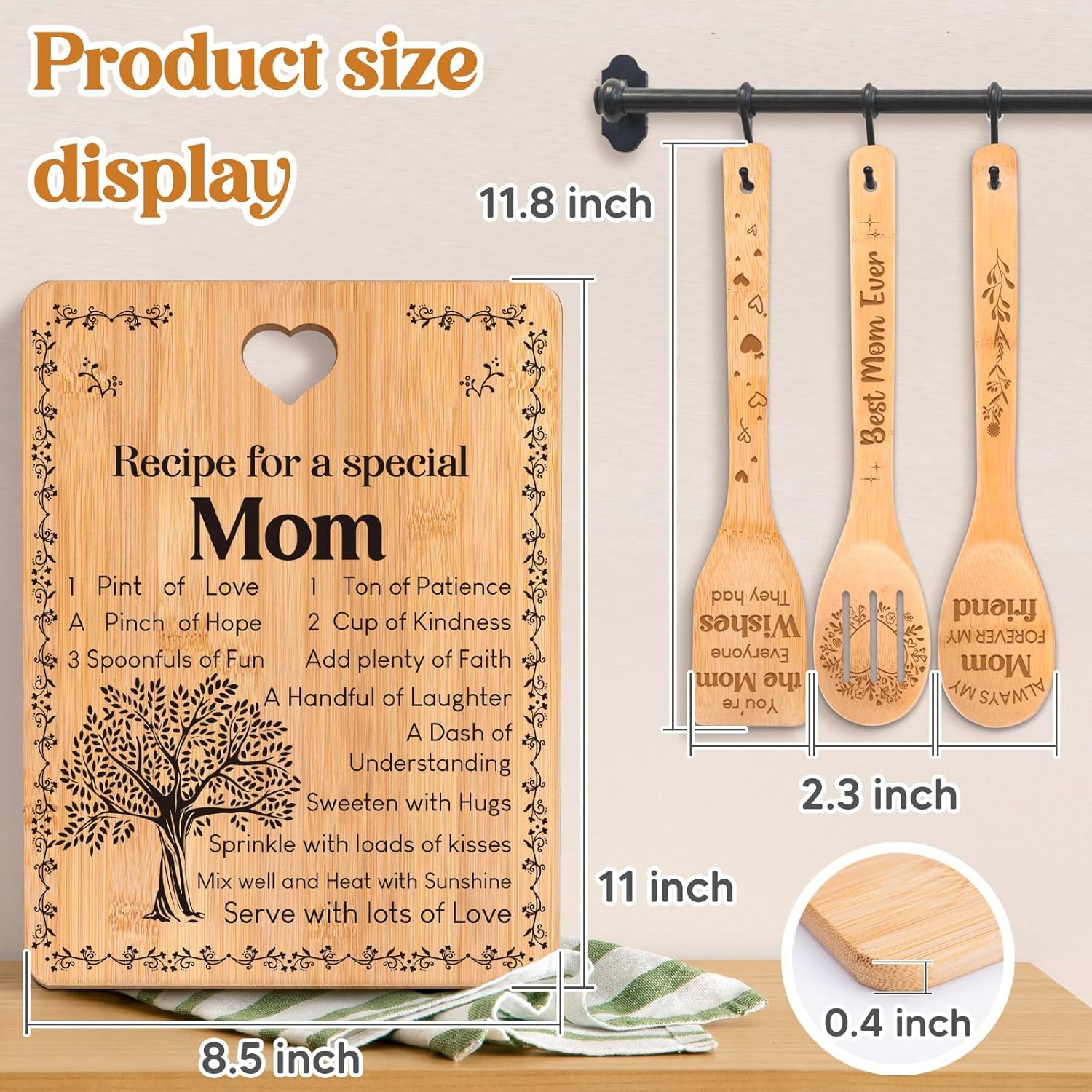 Gifts for Mom - "Recipe for a Special Mom" Mom Birthday Gifts Cutting Board Set, Bamboo-Made Engraved Utensil Set, Birthday Gifts for Mom from Daughter/Son, Mothers Day Gifts - Image 2