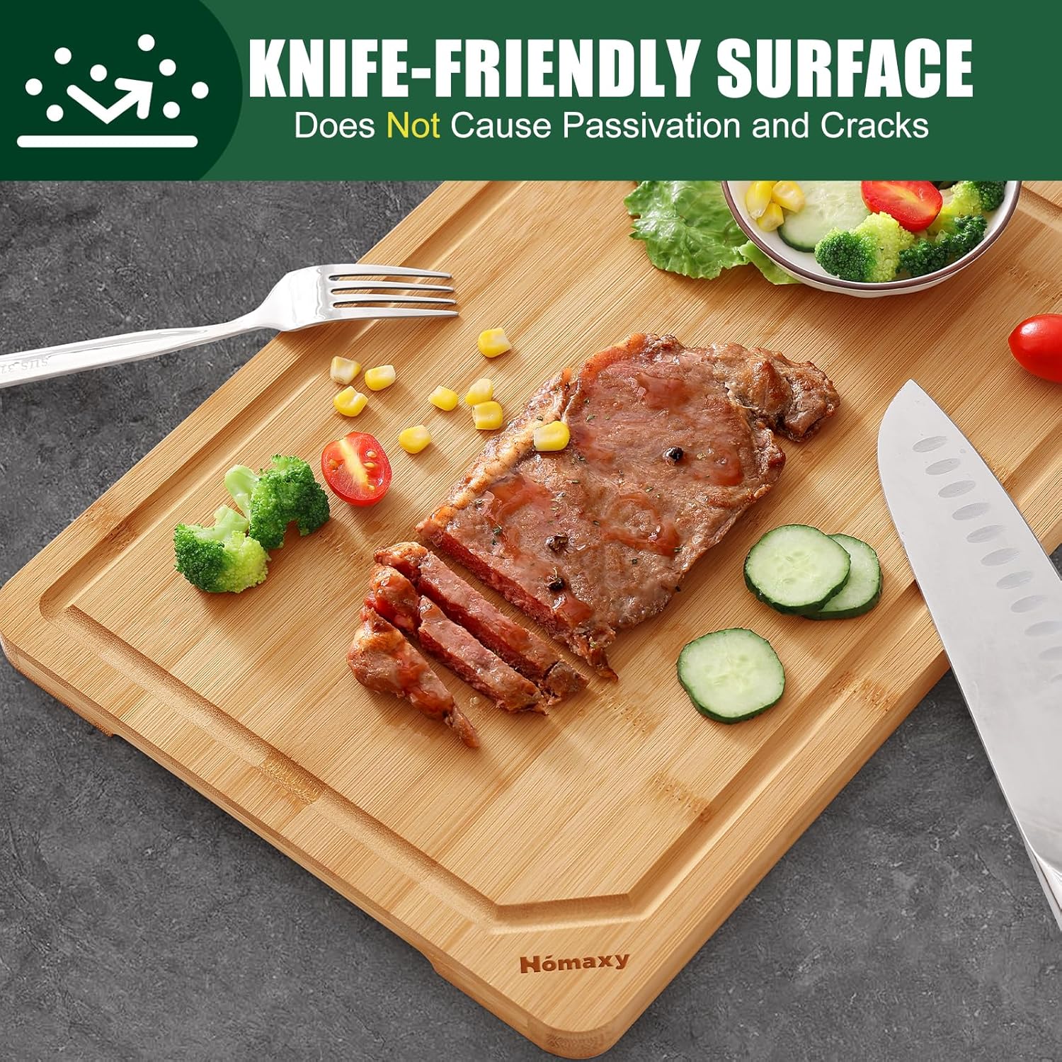 Homaxy Extra Large Organic Bamboo Cutting Boards for Kitchen, 18"x12" Wooden XL Cutting Board with Juice Groove and Handles, Charcuterie Butcher Block Wood Serving & Chopping Board - Pre Oiled - Image 6