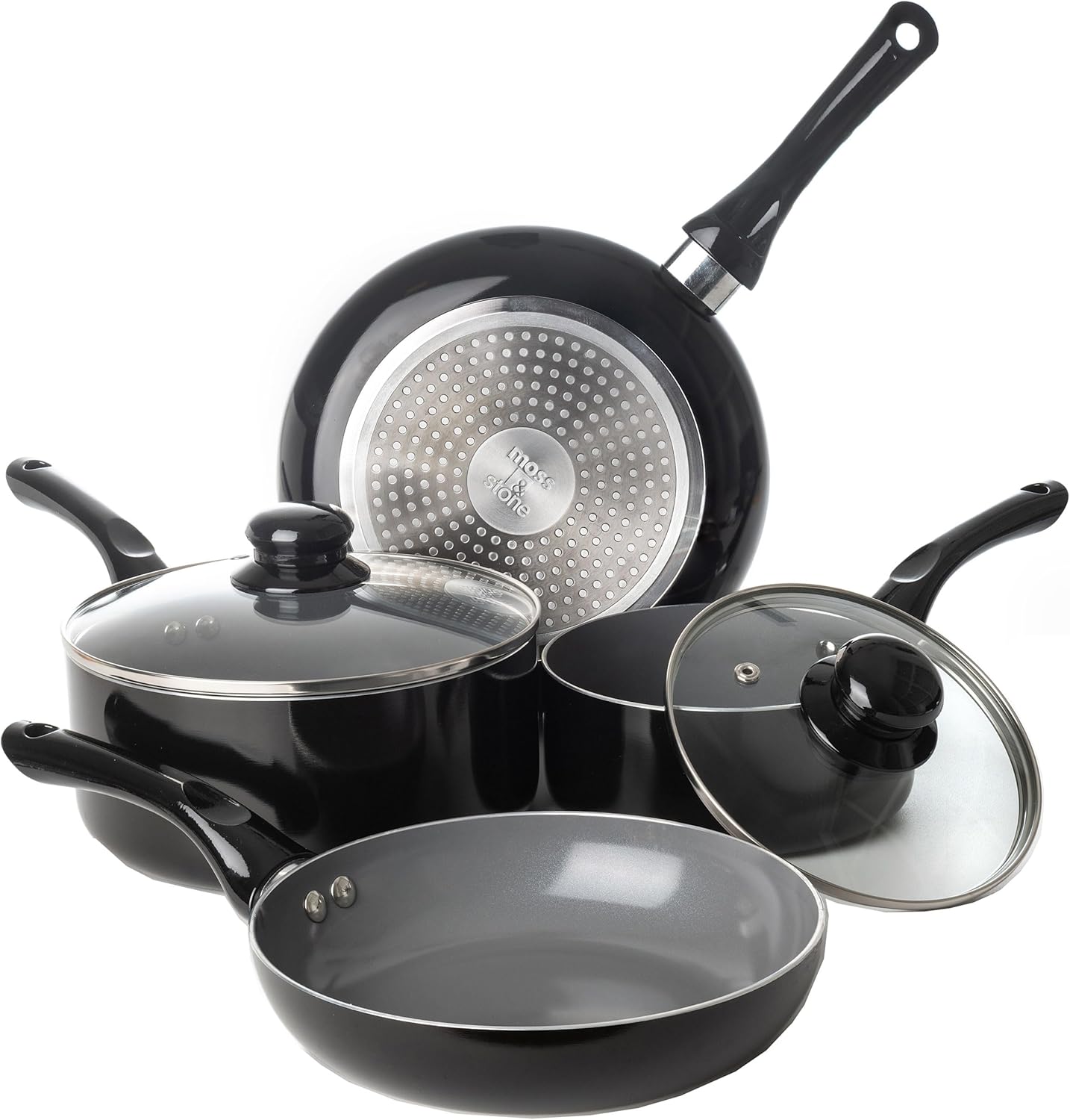 Moss & Stone 6 Pcs Black Nonstick Cookware Set, Pots And Pans Set Non stick With Glass Lid, Induction Cookware, Stay-Cool Handle PTFE/PFOA Kitchen Pots 6-Piece with Frying Pans & Saucepan - Image 8