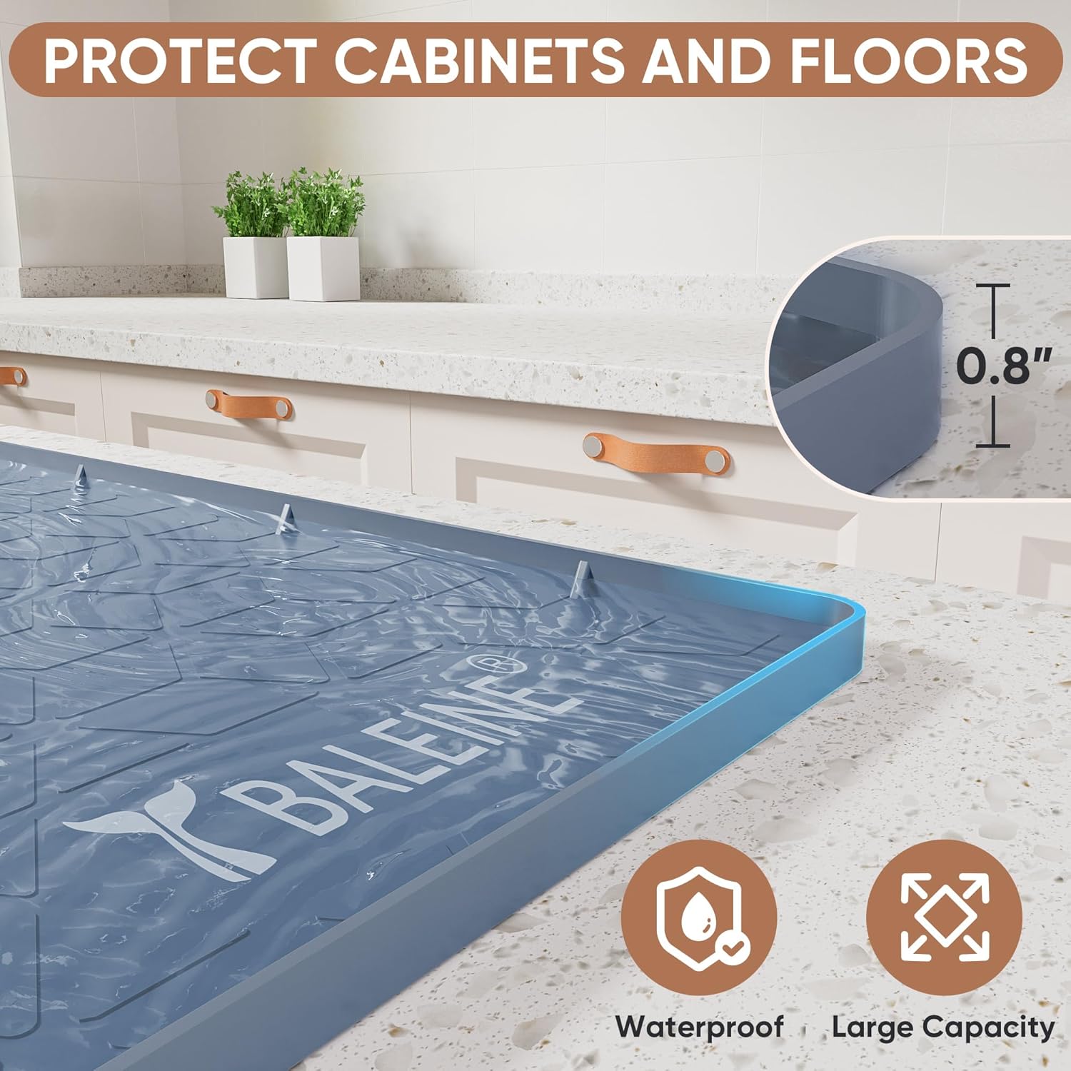 BALEINE 34''×22'' Under Sink Mat, Waterproof Food Grade Silicone Undersink Mat, Cabinet Shelf Drip Tray, Under Sink Liner for Kitchen, Bathroom (Blue) - Image 4