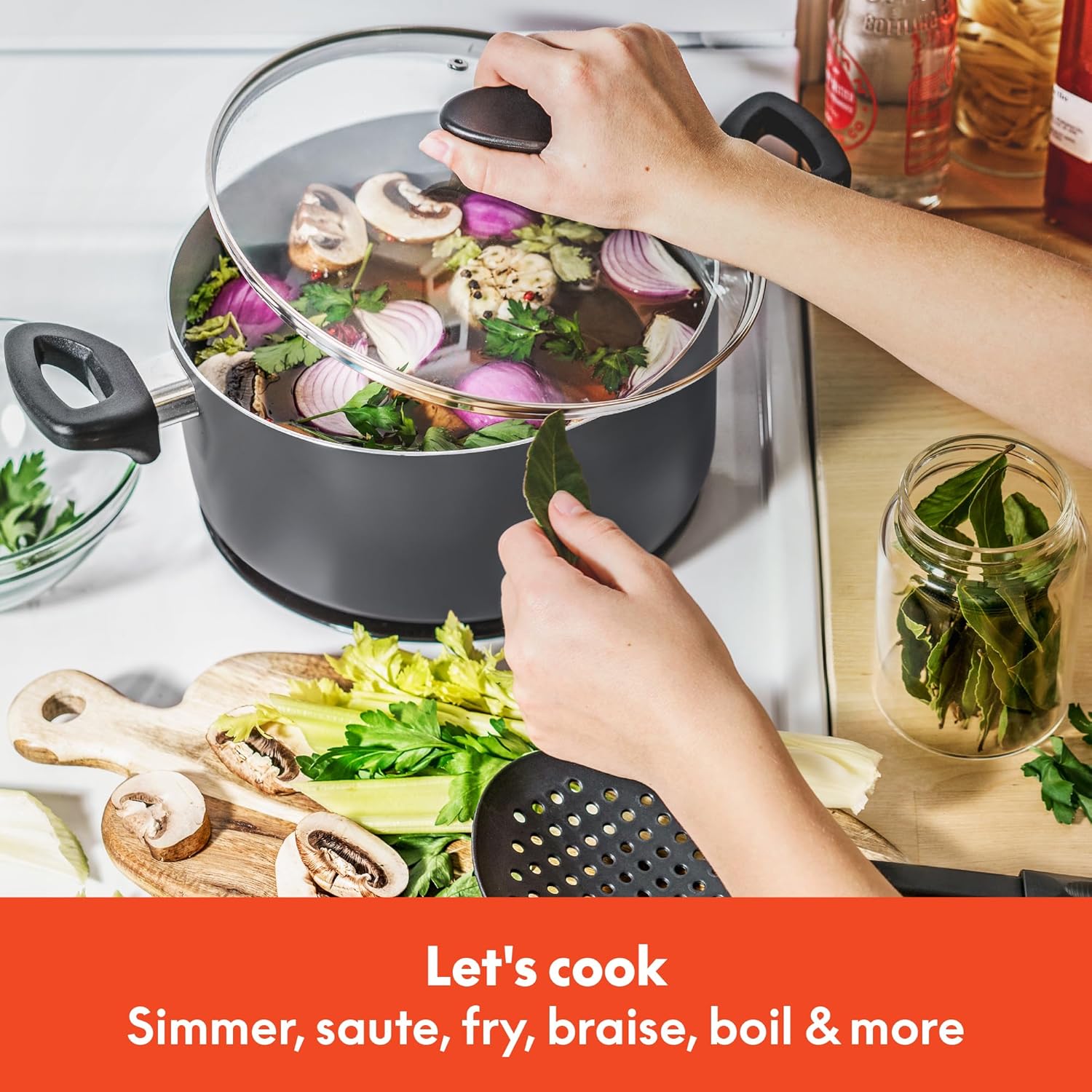bella Cookware Set with Glass Lids with Nonstick, PFOA Free and Scratch Resistant Surface, Aluminum Bakeware, Pots and Pans, Storage Bowls & Utensils, Compatible with All Stovetops, 21 Piece, Gray - Image 4