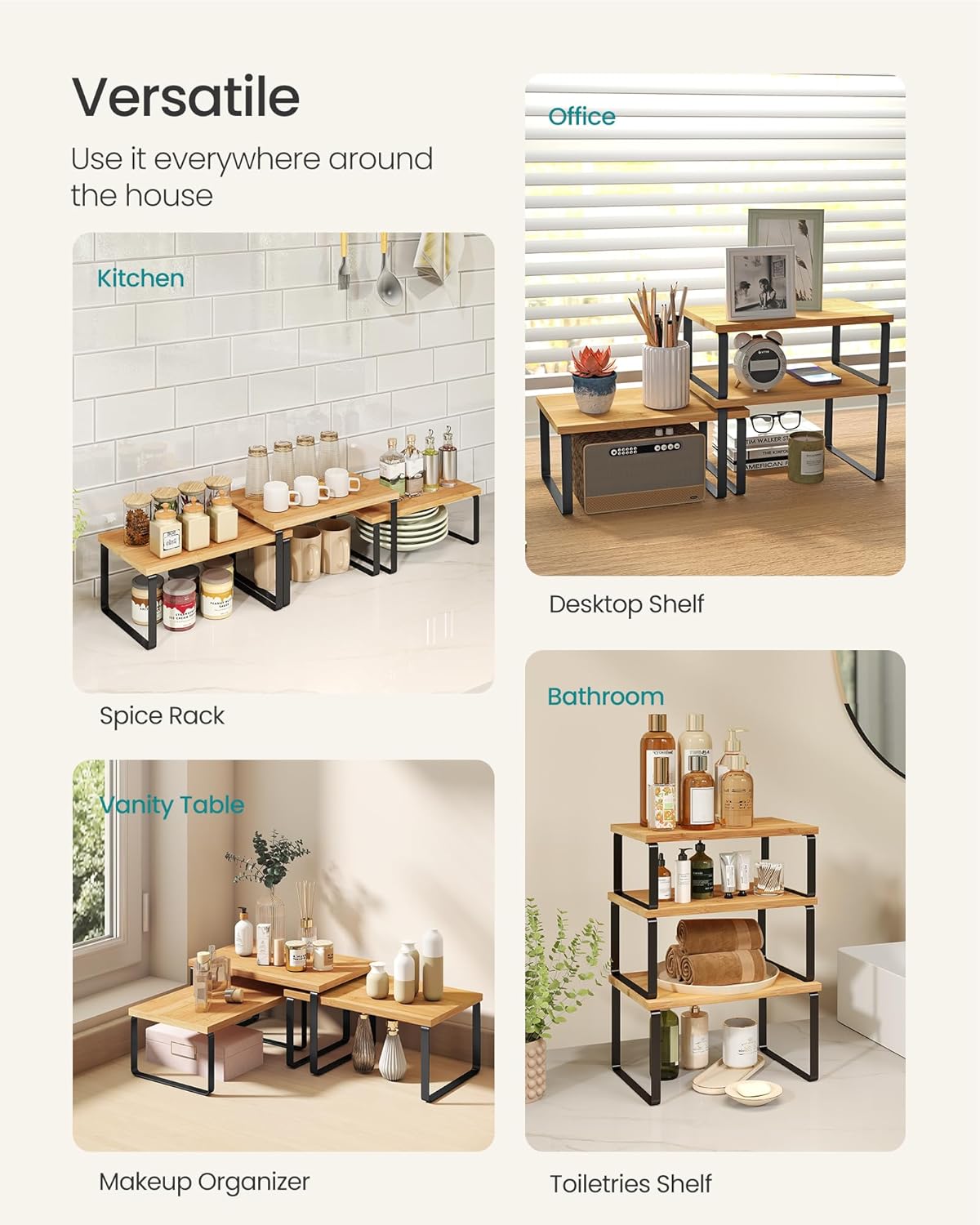 SONGMICS Cabinet Organizer Shelf, Set of 3 Kitchen Counter Shelves, Kitchen Storage, Spice Rack, Stackable, Expandable, Ink Black and Natural Beige UKCS014YL03 - Image 4