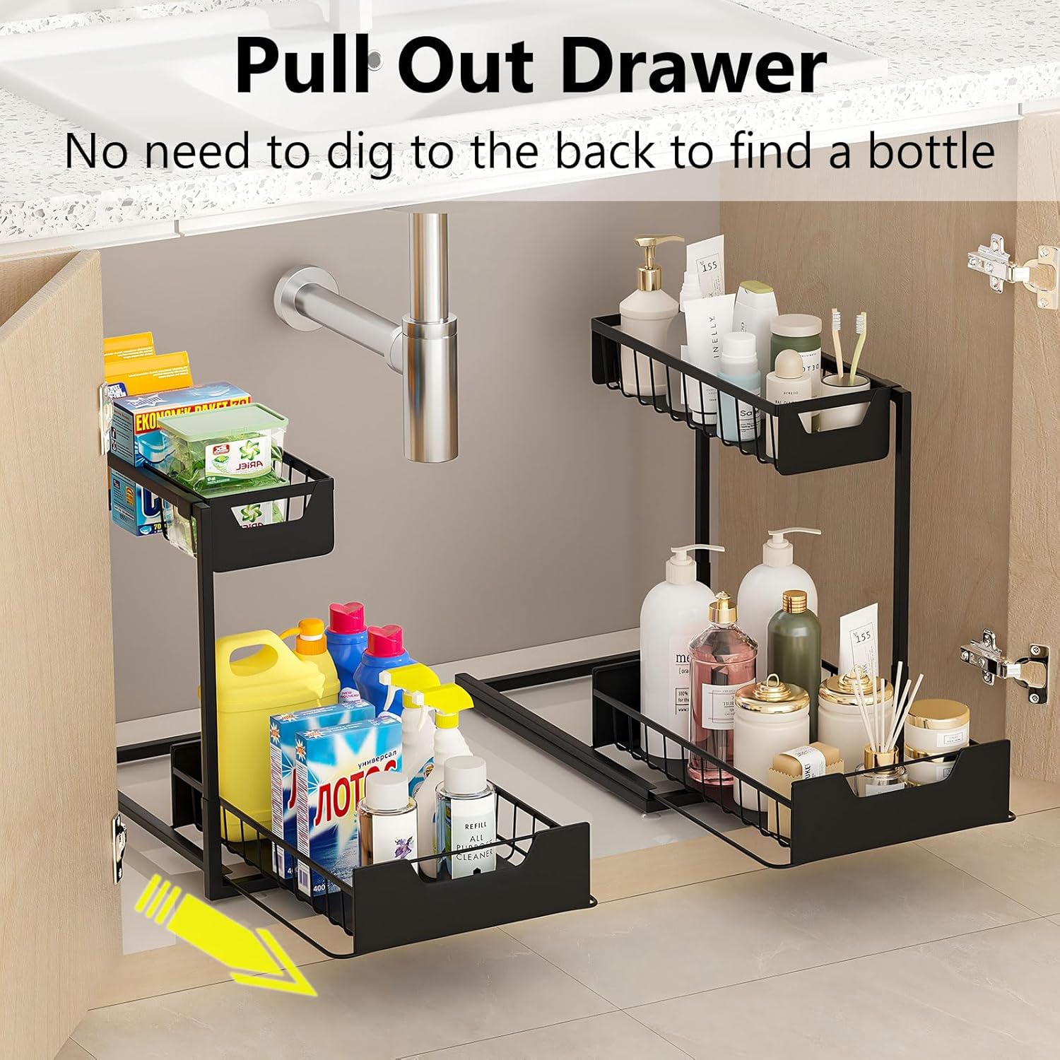Ceetug Under Kitchen Sink Organizers and Storage Pull Out 2 Tier Metal Bathroom Cabinet Organizer (Black, 2 Pack) - Image 3