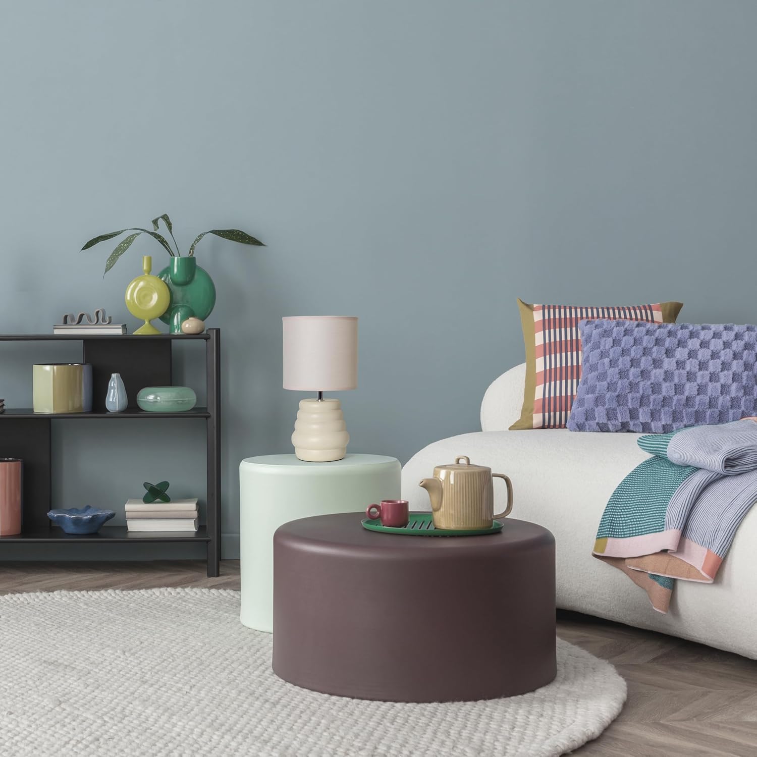 Simple Designs LT1168-CRM 12.68" Chic Glow Mini Stacked Ceramic Table Lamp, Monochromatic Fabric Shade, Small Accent Light, for Bedroom, Office, Living Room, Minimalist Decor, Cream - Image 5