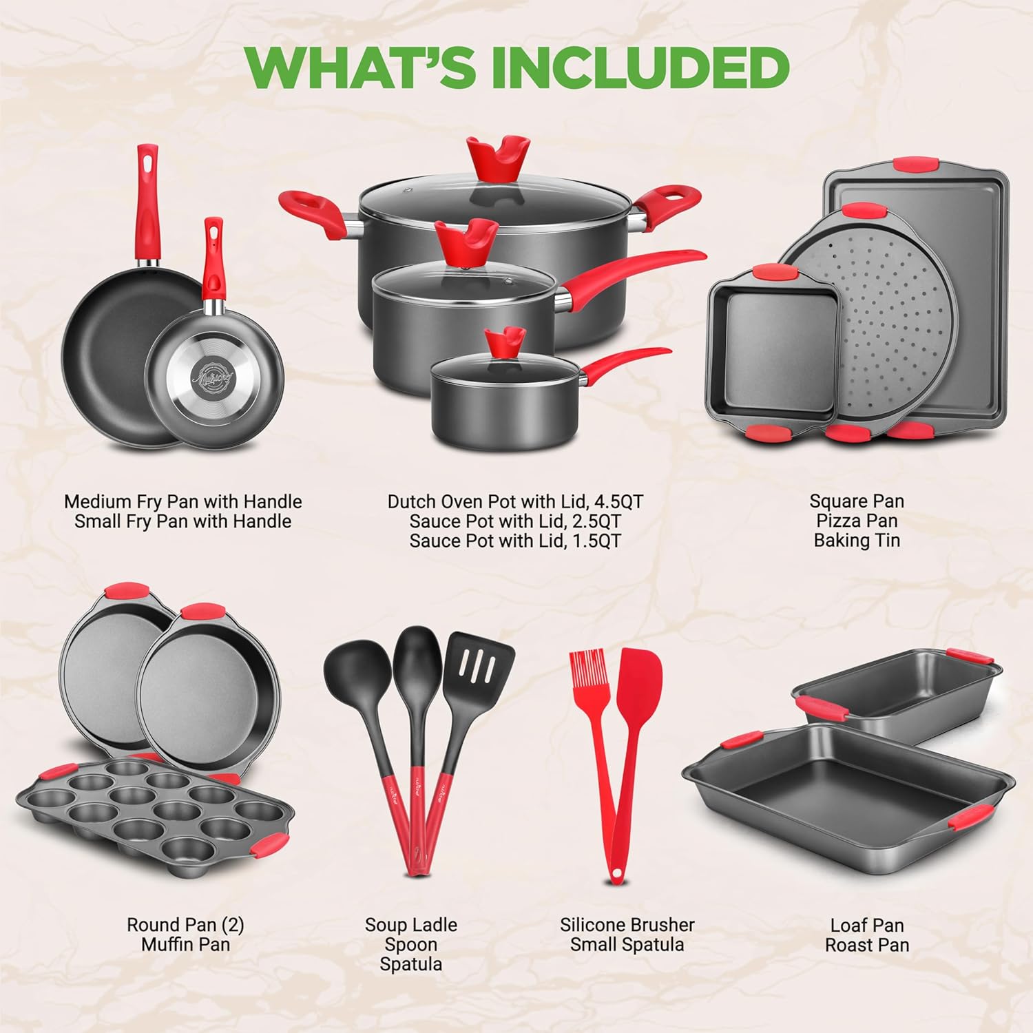 NutriChef 21-Piece Nonstick Cookware Set - PTFE/PFOA/PFOS Free Heat Resistant Lacquer Kitchen Ware Pots Pan w/ Cool-Touch Handles, Saucepan, Fry Pans, Lid, Bakeware, For Gas Electric Ceramic Cooktops - Image 2