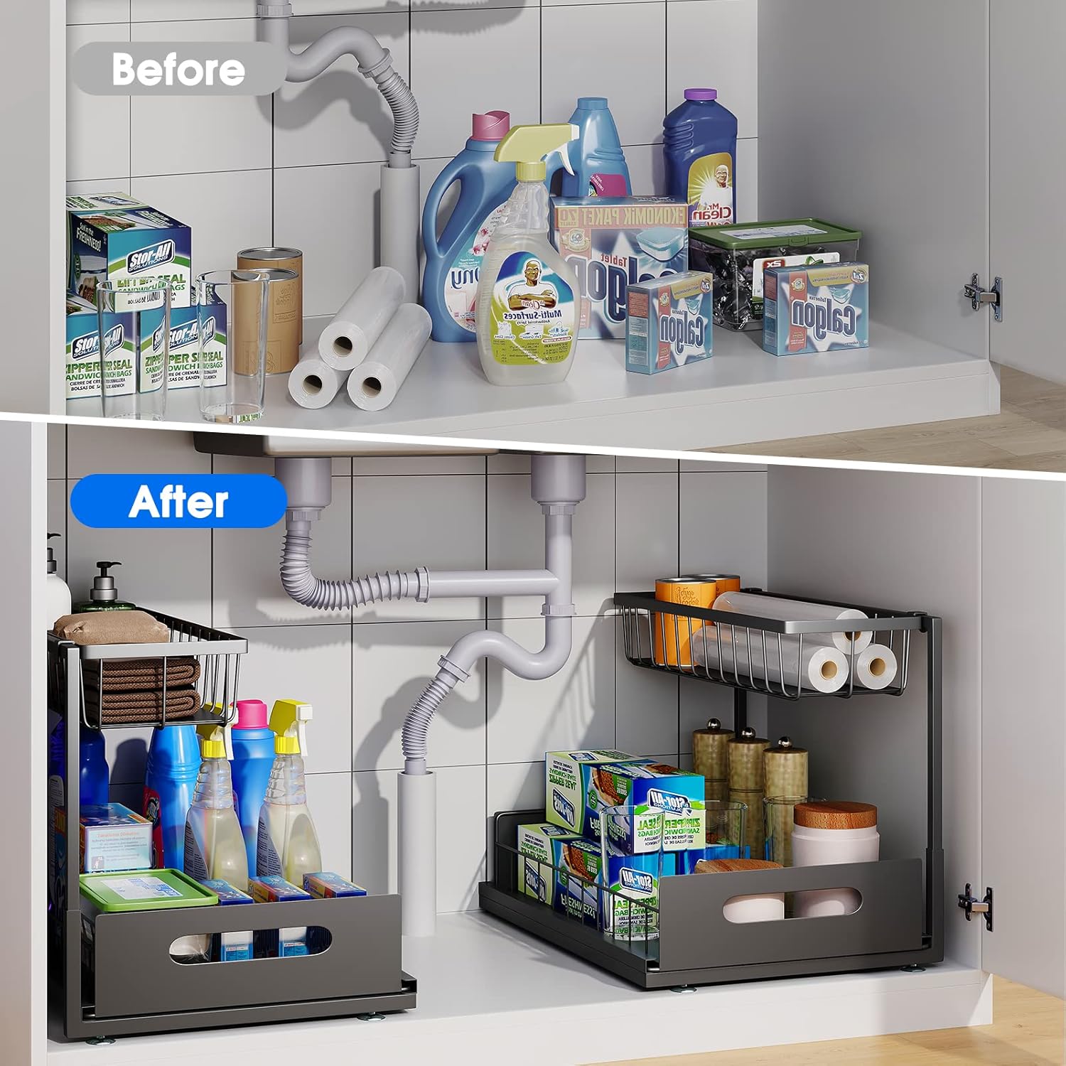 Under Sink Organizer, 2 Tier Pull-Out Cabinet Storage Shelf, Rust-Resistant Metal Organizer for Kitchen Bathroom Laundry Room, No Tools Installation, 1 Pack Black - Image 3