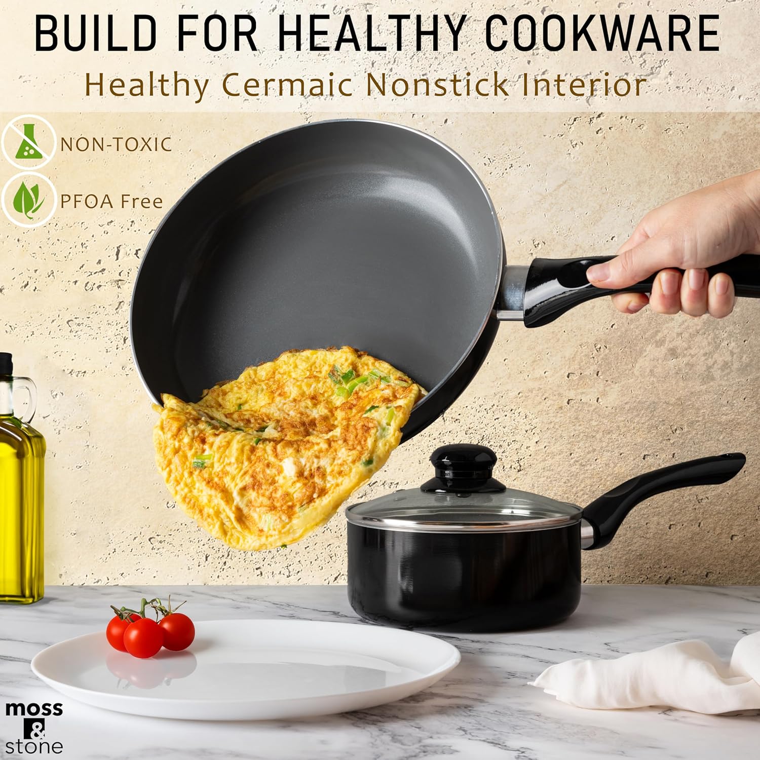 Moss & Stone 6 Pcs Black Nonstick Cookware Set, Pots And Pans Set Non stick With Glass Lid, Induction Cookware, Stay-Cool Handle PTFE/PFOA Kitchen Pots 6-Piece with Frying Pans & Saucepan - Image 4