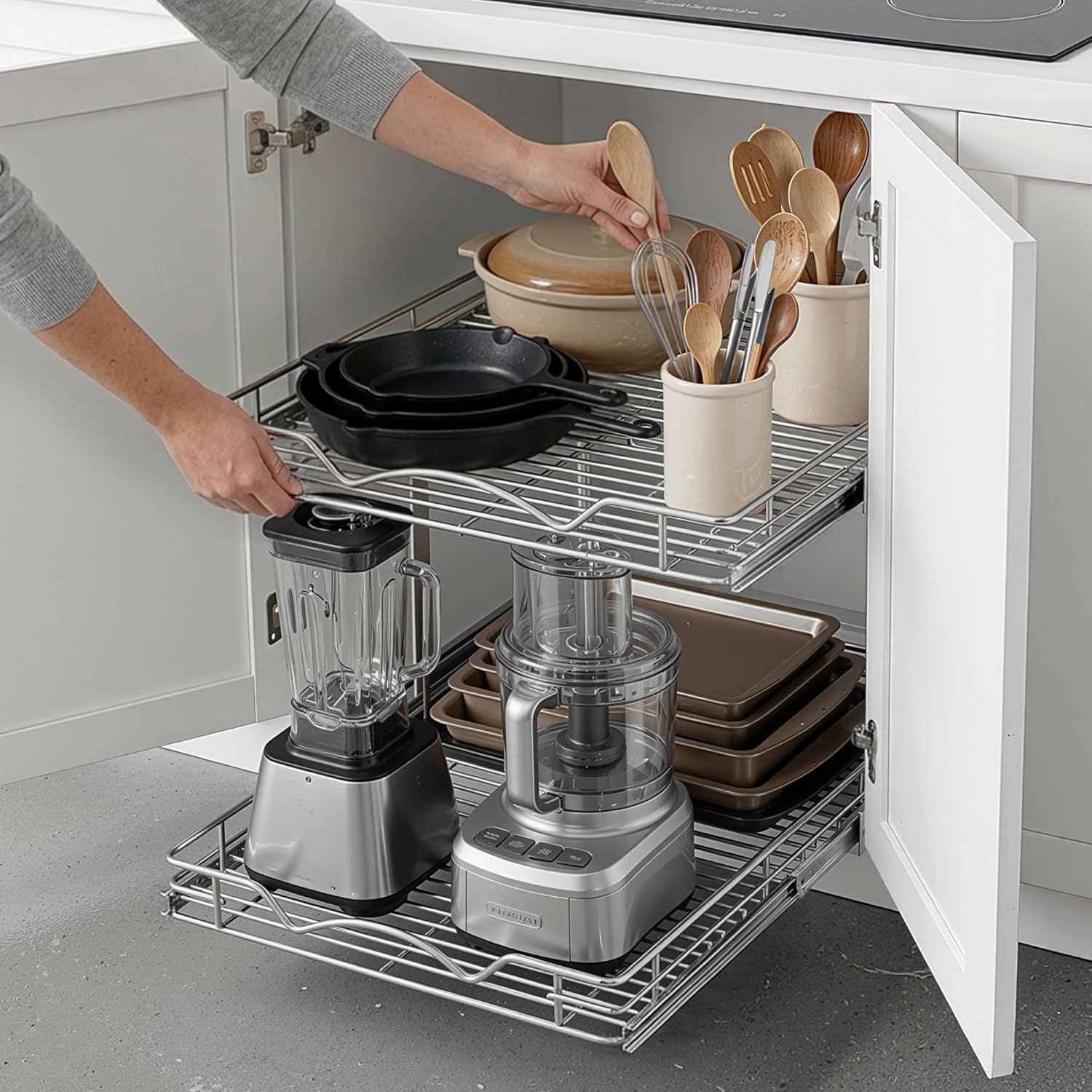 2-Tier Pull-Out Cabinet Organizer with Heavy-Duty Steel Frame, Full-Extension Sliding Shelves, Holds 100 lbs, Easy Install for Kitchen, Pantry & Under Sink Cabinets, 22" W x 21”D x 16.5" H - Image 2