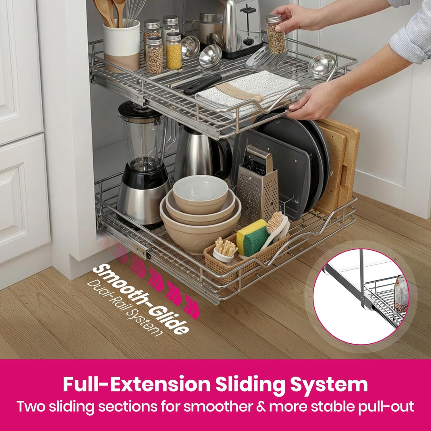 2-Tier Pull-Out Cabinet Organizer with Heavy-Duty Steel Frame, Full-Extension Sliding Shelves, Holds 100 lbs, Easy Install for Kitchen, Pantry & Under Sink Cabinets, 22" W x 21”D x 16.5" H - Image 5