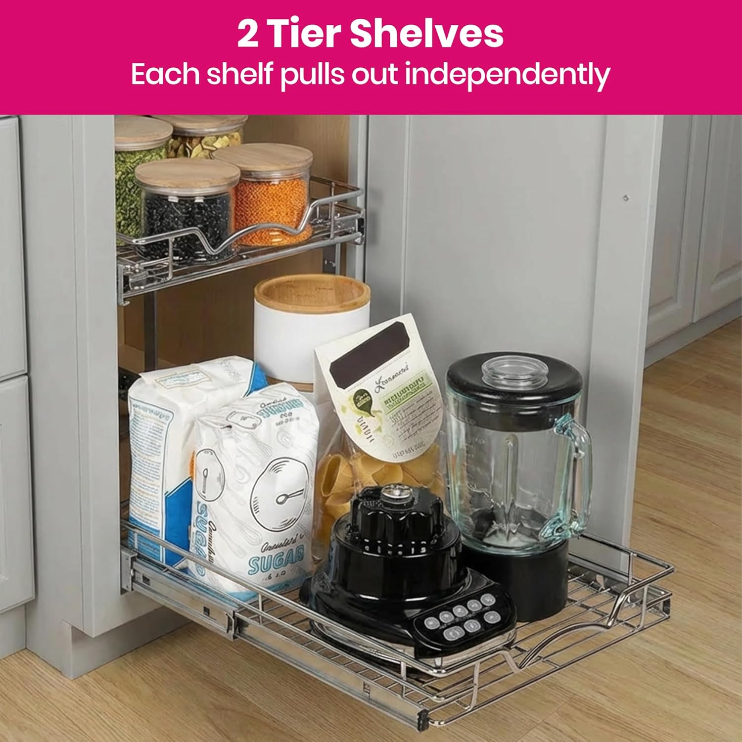 2-Tier Pull-Out Cabinet Organizer with Heavy-Duty Steel Frame, Full-Extension Sliding Shelves, Holds 100 lbs, Easy Install for Kitchen, Pantry & Under Sink Cabinets, 22" W x 21”D x 16.5" H - Image 6
