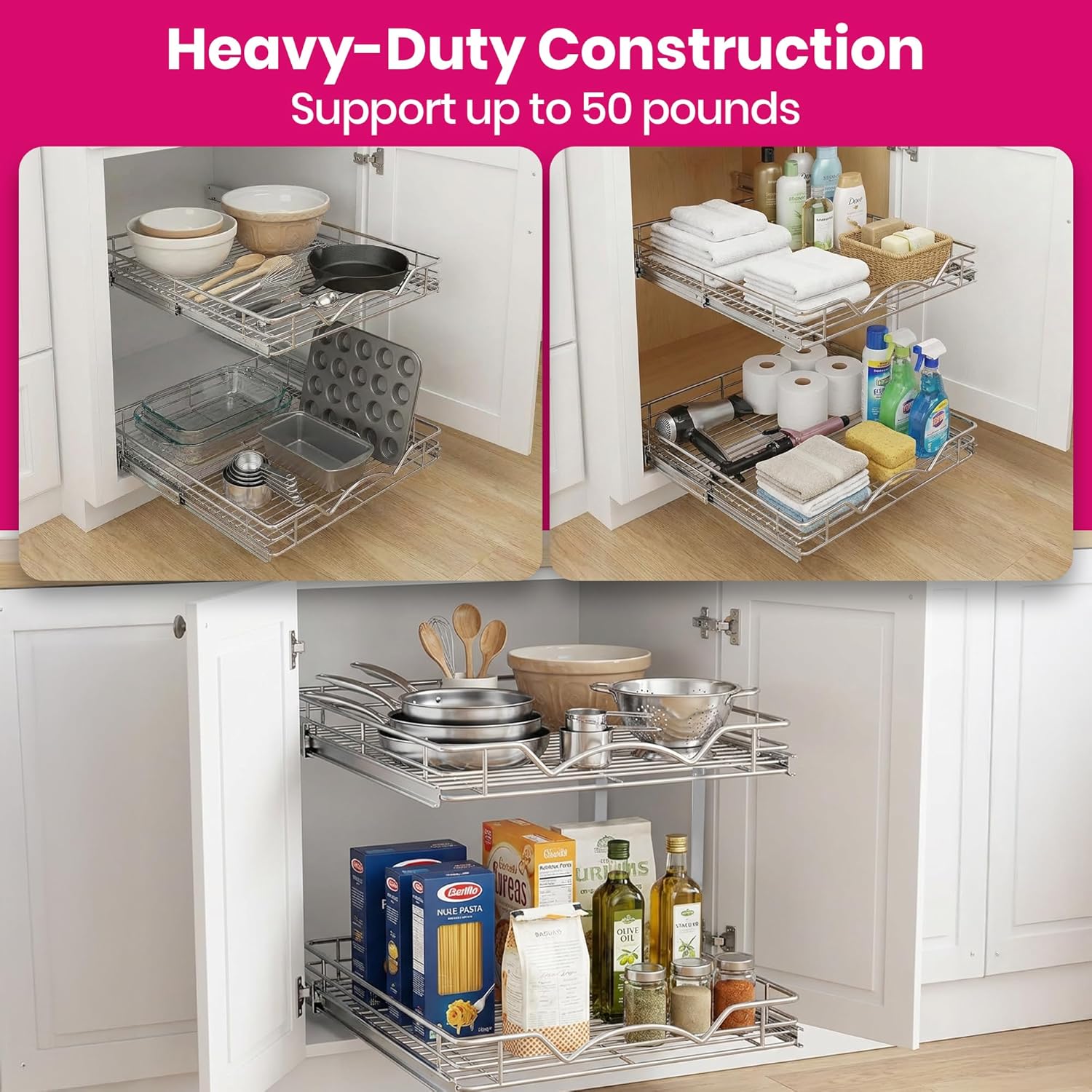 2-Tier Pull-Out Cabinet Organizer with Heavy-Duty Steel Frame, Full-Extension Sliding Shelves, Holds 100 lbs, Easy Install for Kitchen, Pantry & Under Sink Cabinets, 22" W x 21”D x 16.5" H - Image 7