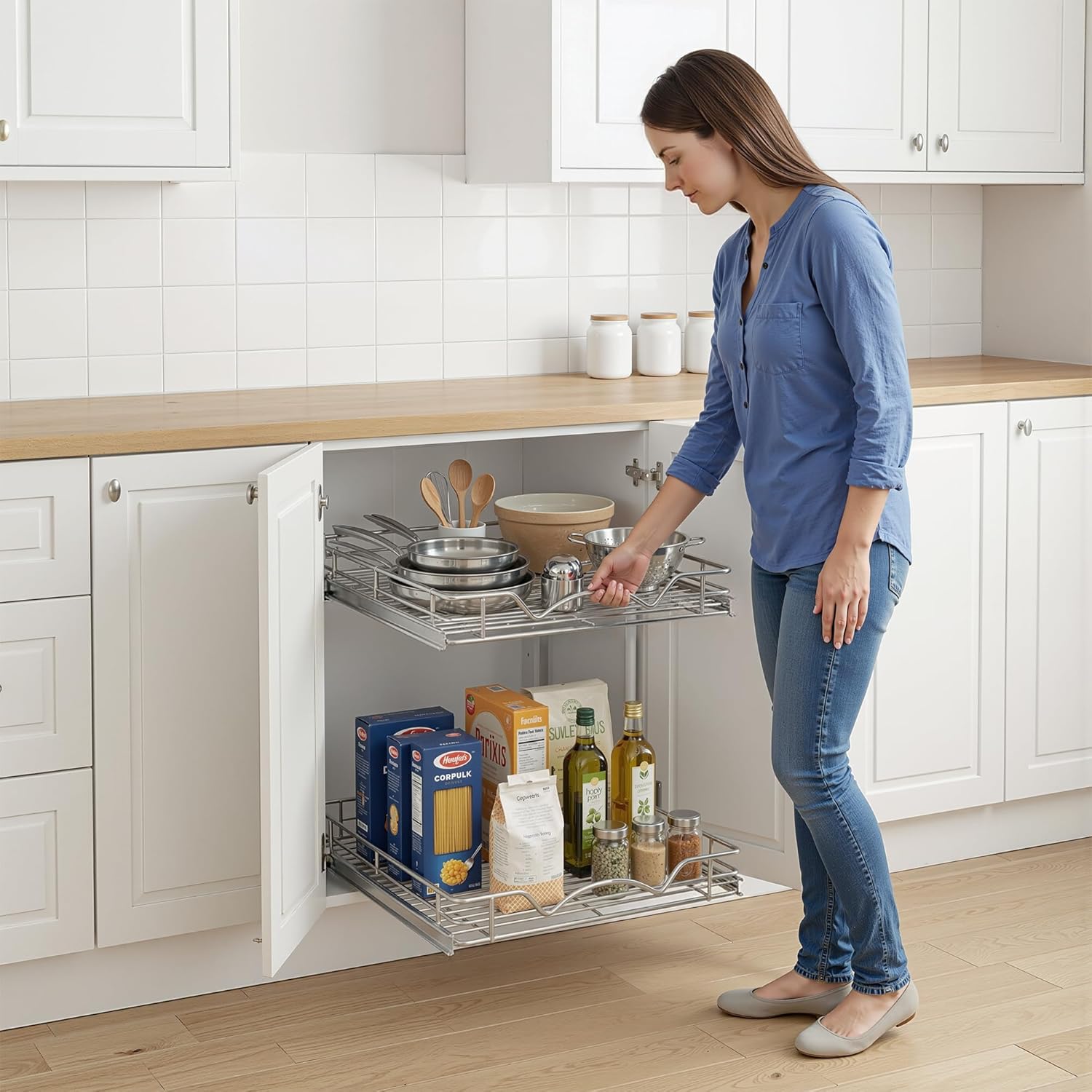 2-Tier Pull-Out Cabinet Organizer with Heavy-Duty Steel Frame, Full-Extension Sliding Shelves, Holds 100 lbs, Easy Install for Kitchen, Pantry & Under Sink Cabinets, 22" W x 21”D x 16.5" H - Image 9