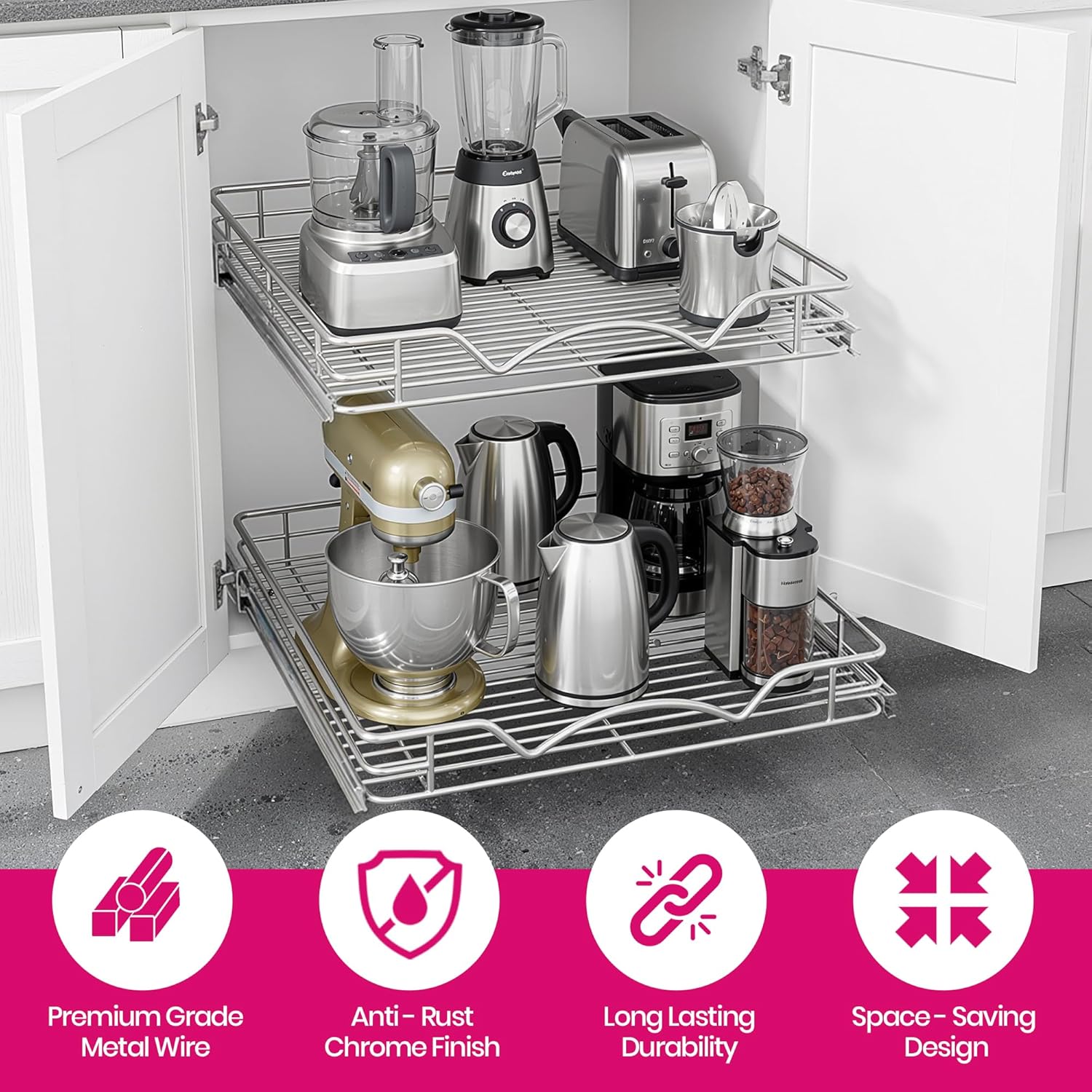 2-Tier Pull-Out Cabinet Organizer with Heavy-Duty Steel Frame, Full-Extension Sliding Shelves, Holds 100 lbs, Easy Install for Kitchen, Pantry & Under Sink Cabinets, 30" W x 21”D x 16.5" H - Image 4