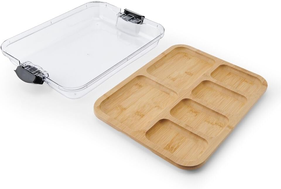 Farberware Build-A-Board Bamboo Cutting Board with Built-In Compartments & Clear Locking Lid, Black Handles, Charcuterie, Snack Tray, Food Prep and Serving Platter - Image 2