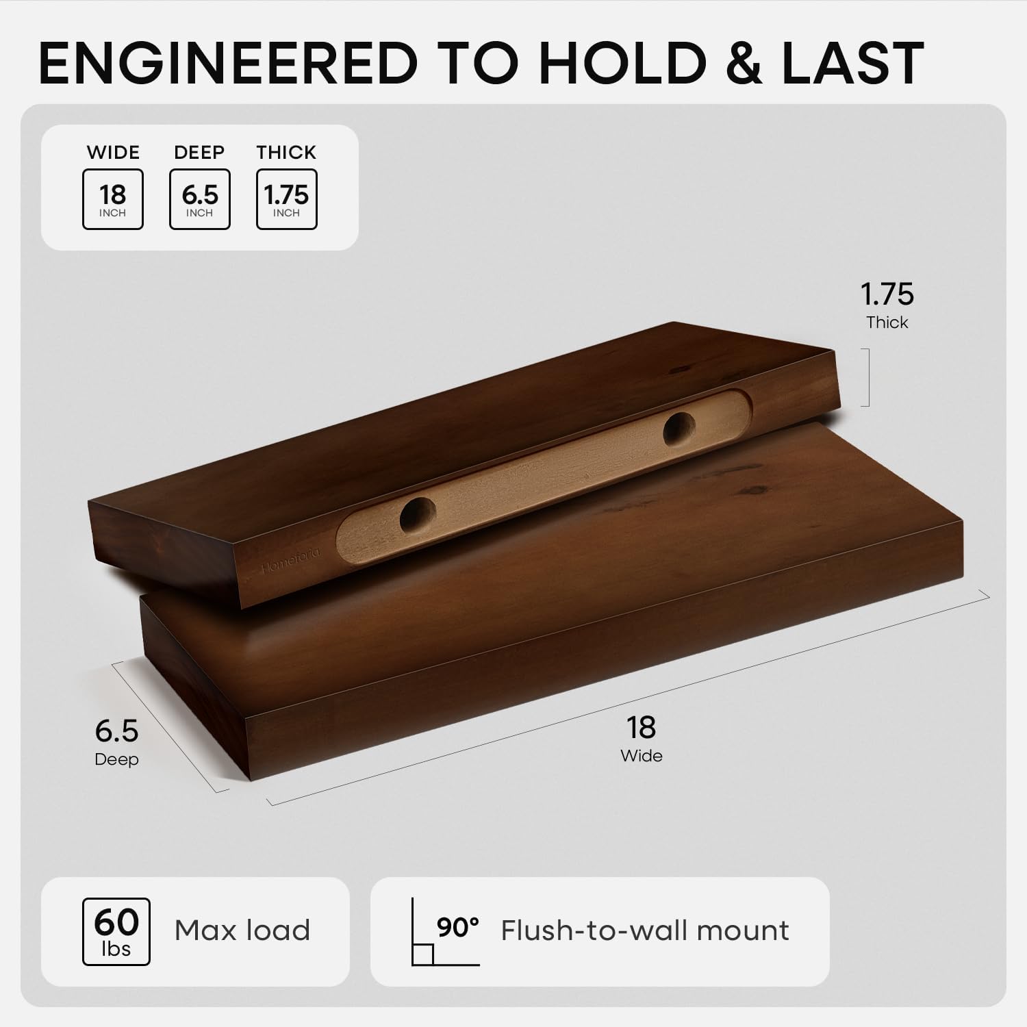 Homeforia Walnut 18 inch Floating Shelf, High End Solid Real Wood 18inch Floating Shelves for Wall Mounted, Dark Brown 18 inches Long Floating Shelves, Heavy Duty Bracket, 18 X 6.5 X 1.75 in, Set of 2 - Image 2