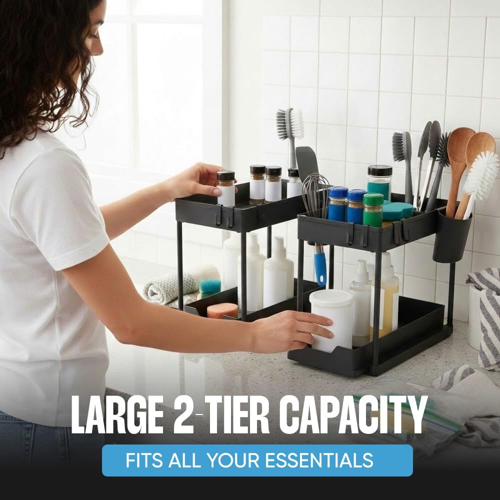Undersink Organizer, 2-Tier Under Sink Storage Rack with Sliding Drawers for Kitchen Bathroom Cabinets, Pull Out Organizer for Pantry, Laundry Room & Closet Organization - 1 Pack, Black - Image 6