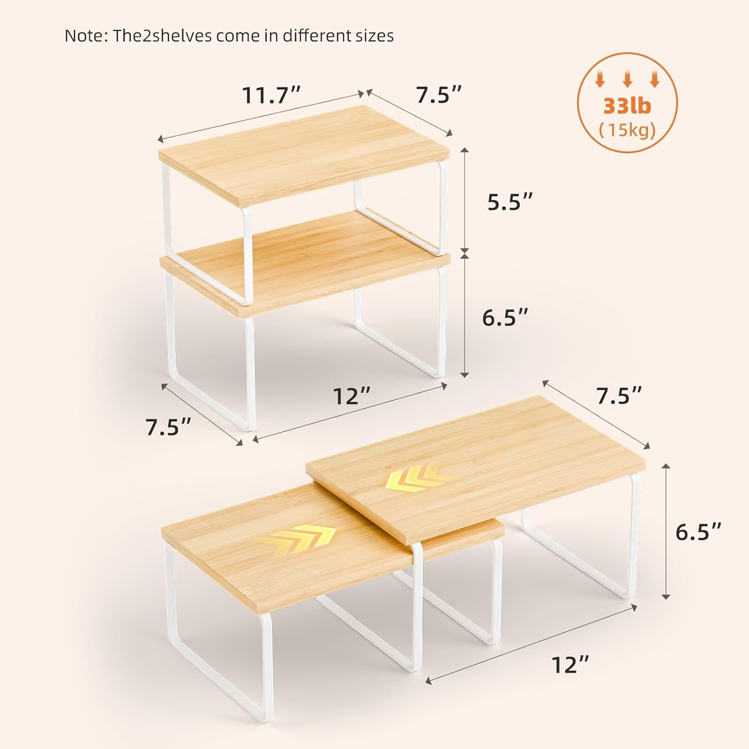 Ekisemio Kitchen Cabinet Organizer, Bamboo Spice Rack Organizer for Cabinet, Stackable & Expandable Counter Shelves, Set of 4, White and Natural - Image 3