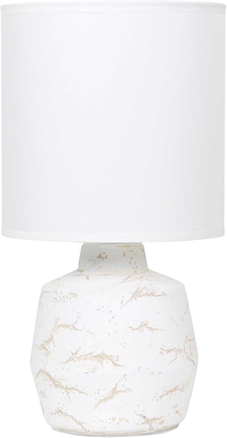 Simple Designs LT1171-OFF 13.78" Chic Glow Marble Inspired Concrete Table Lamp with Fabric Shade, for Bedroom, Office, Living Room, Compact Accent Lighting, Off White