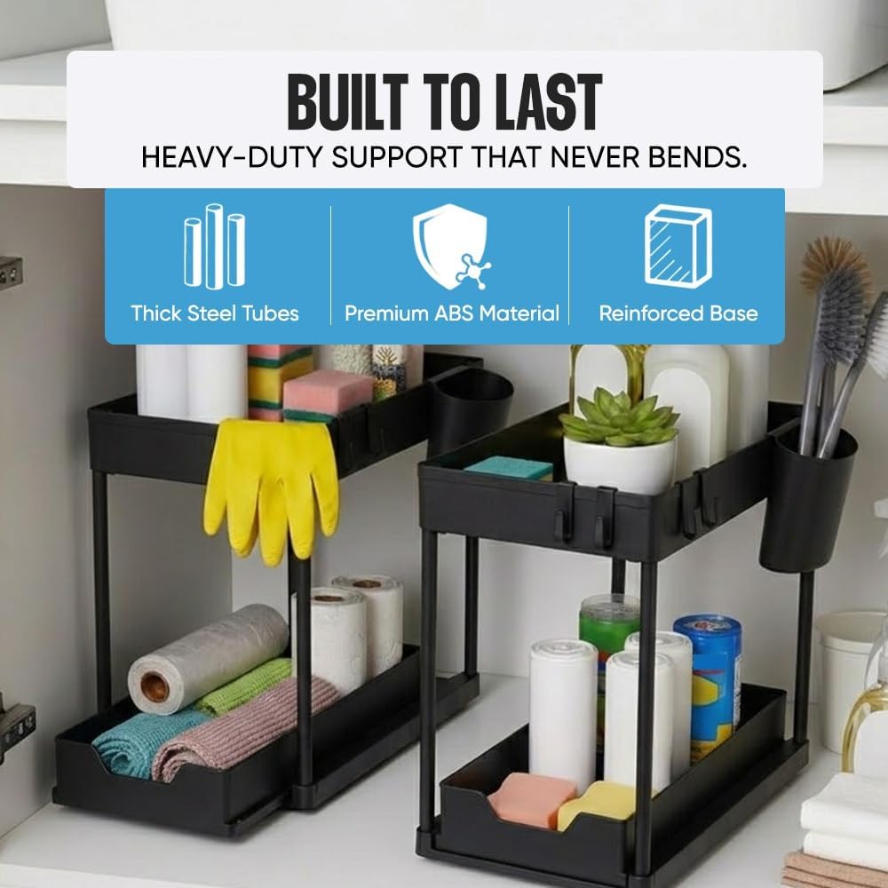 Undersink Organizer, 2-Tier Under Sink Storage Rack with Sliding Drawers for Kitchen Bathroom Cabinets, Pull Out Organizer for Pantry, Laundry Room & Closet Organization - 1 Pack, Black - Image 4